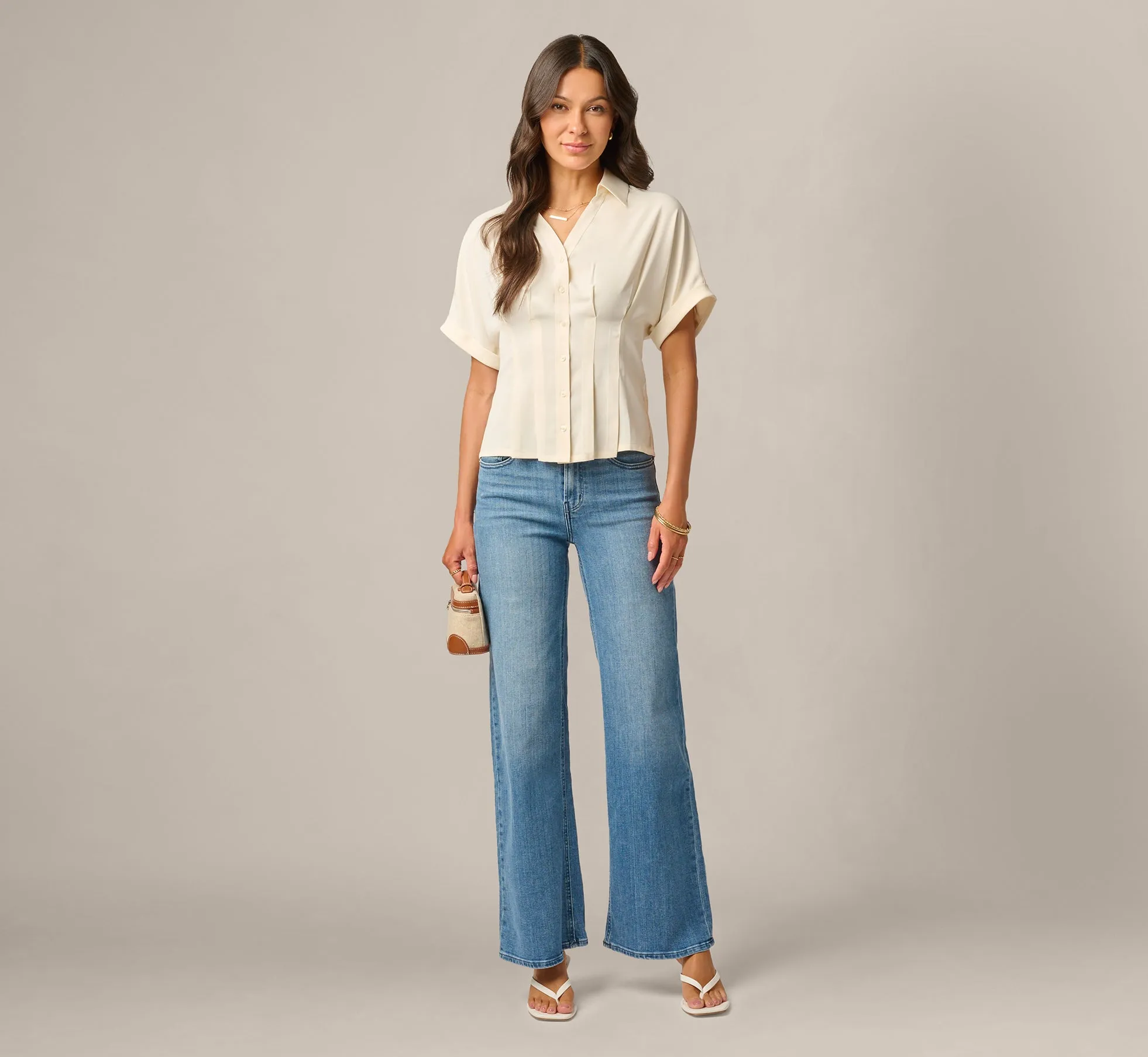 Short Sleeve Semisheer Pleated Blouse In Pastry Cream sold by Adrianna Papell product image thumbnail 2