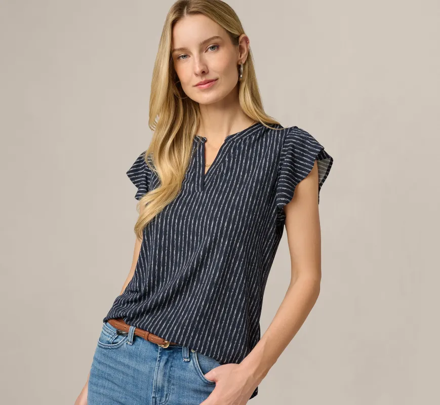 Flutter Sleeve Notch Neck Top In Navy Abstract Stripe made by Adrianna Papell