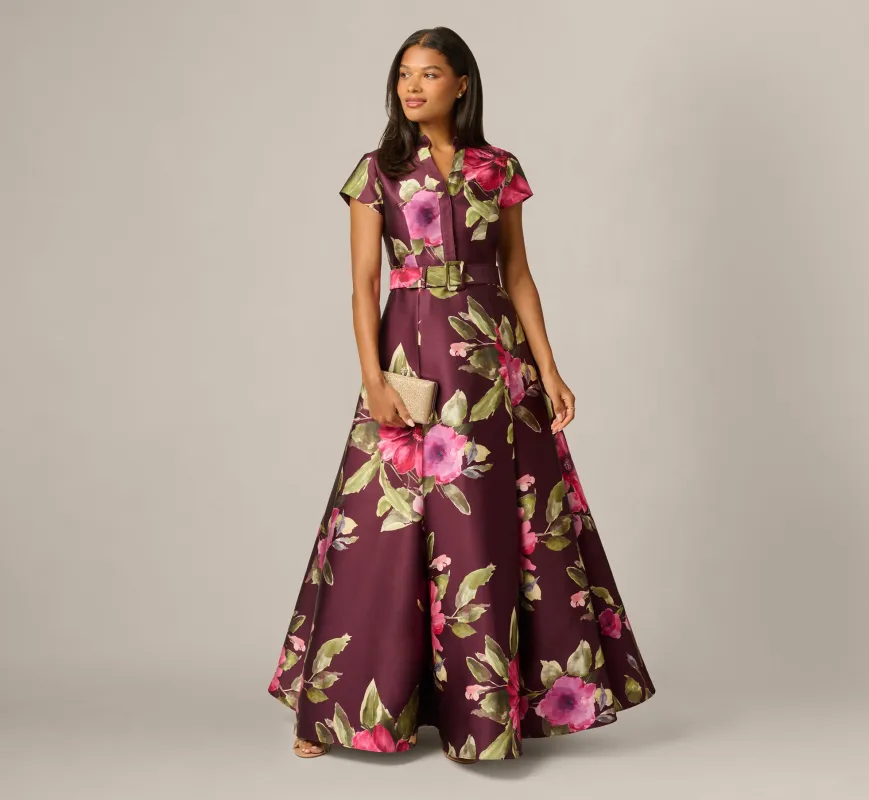 Short Sleeve Magnolia Floral Ballgown In Wine Multi made by Adrianna Papell