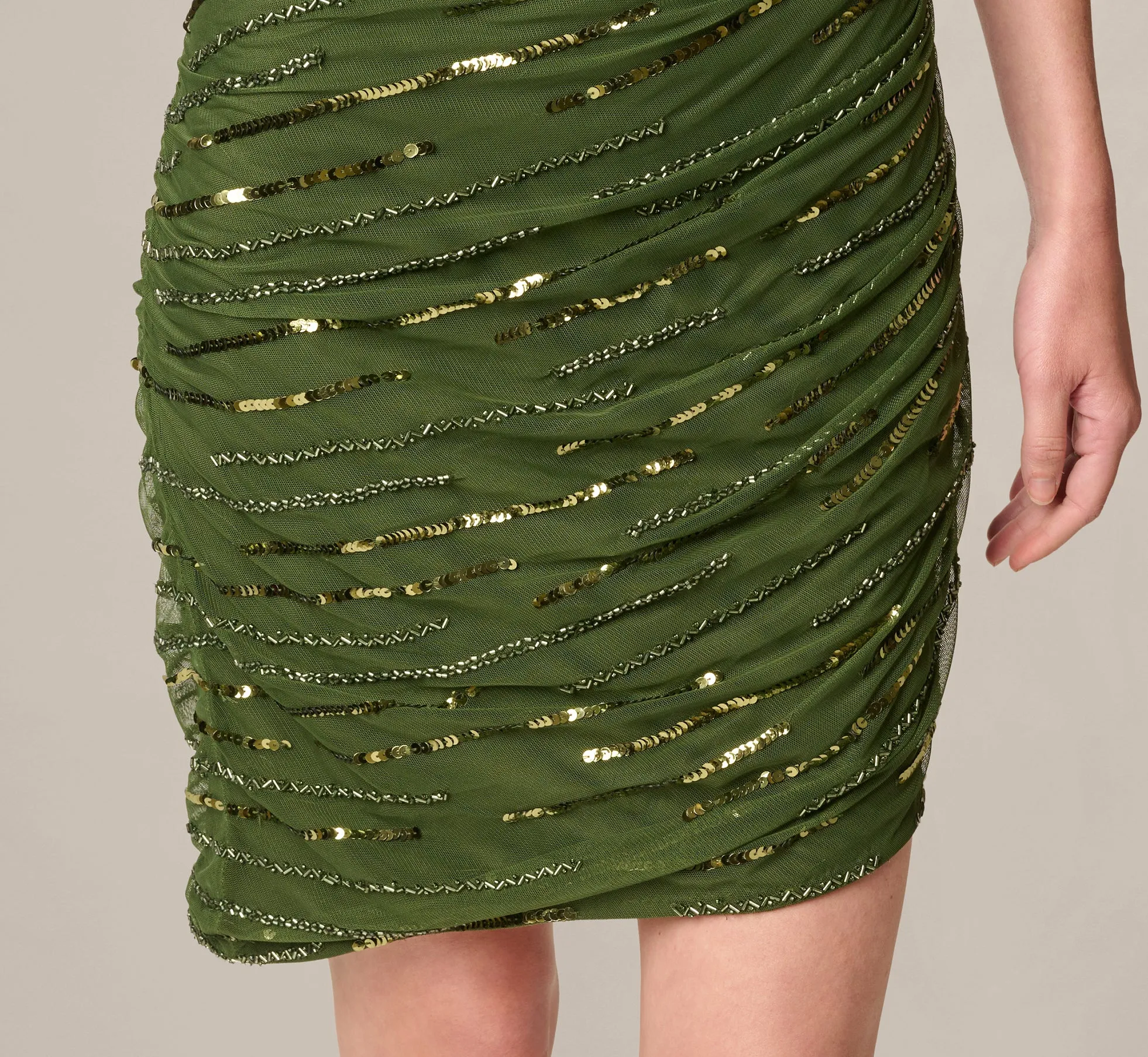 One Shoulder Draped Sequin Beaded Mini Dress In Olive Cypress sold by Adrianna Papell product image thumbnail 4