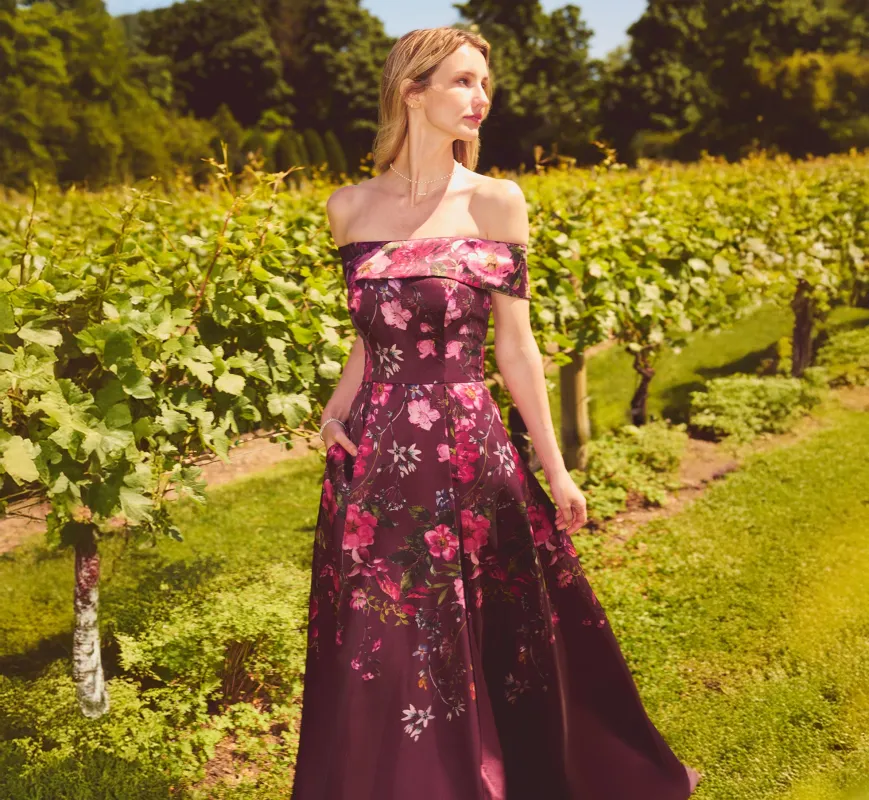 Off Shoulder Garden Floral Mikado Ballgown In Burgundy Multi made by Adrianna Papell