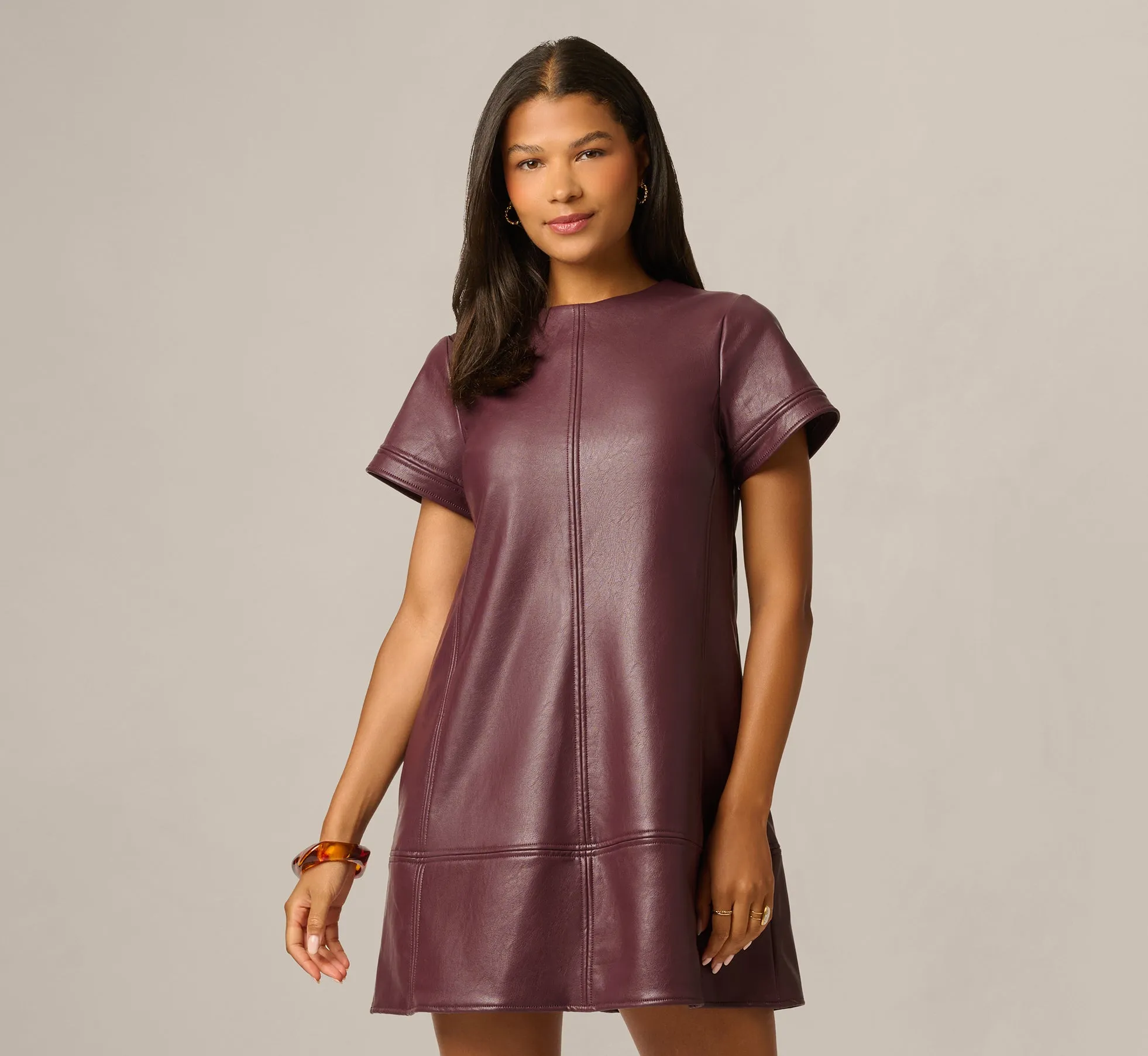 Short Sleeve Faux Leather Everyday Shift Dress In Black Cherry sold by Adrianna Papell product image thumbnail 2