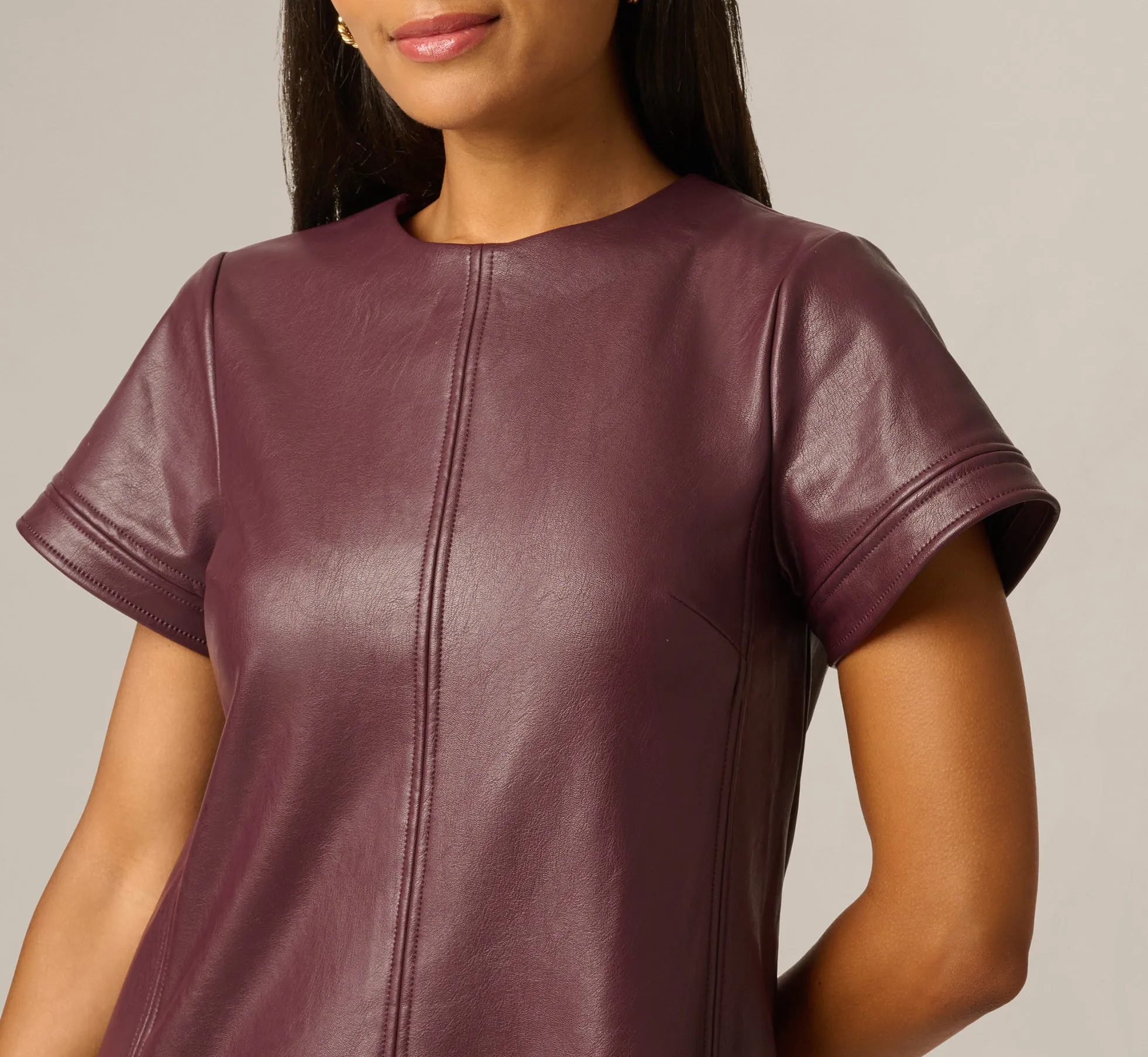 Short Sleeve Faux Leather Everyday Shift Dress In Black Cherry sold by Adrianna Papell product image thumbnail 3