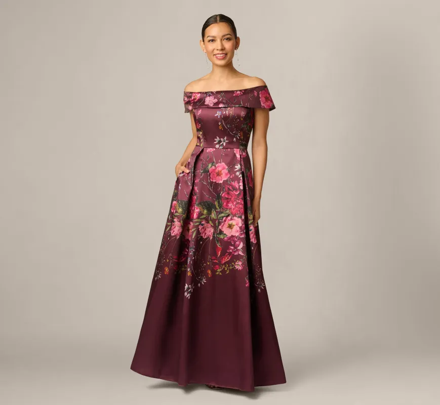 Petite Off Shoulder Garden Floral Mikado Ballgown In Burgundy Multi made by Adrianna Papell
