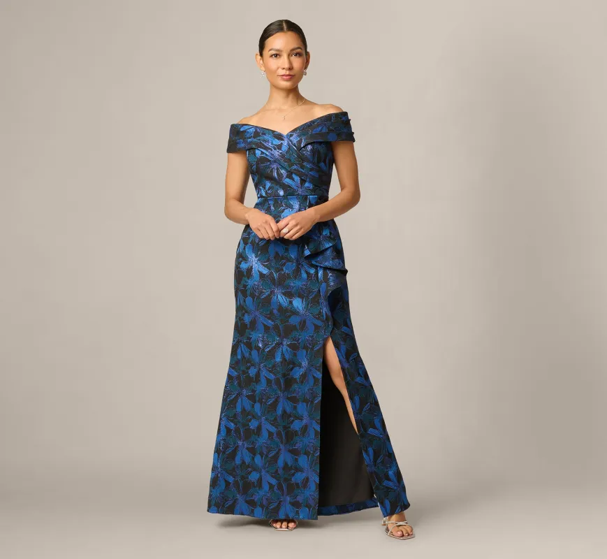 Petite Off Shoulder Jacquard Gown In Blue Multi made by Adrianna Papell