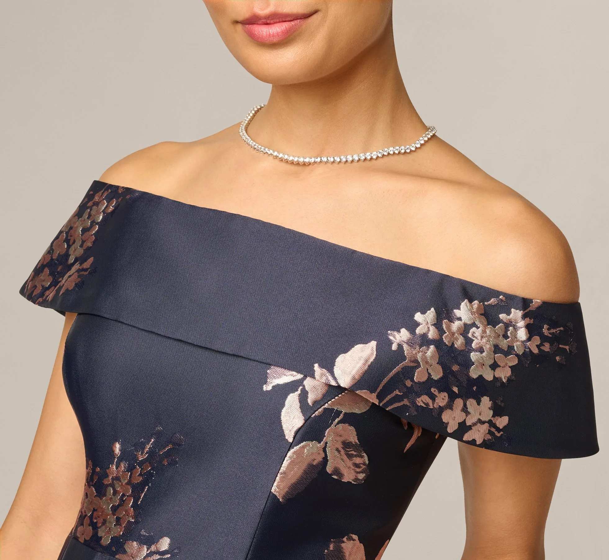 Petite Off Shoulder Metallic Floral Jacquard Gown In Navy Blush sold by Adrianna Papell product image thumbnail 3