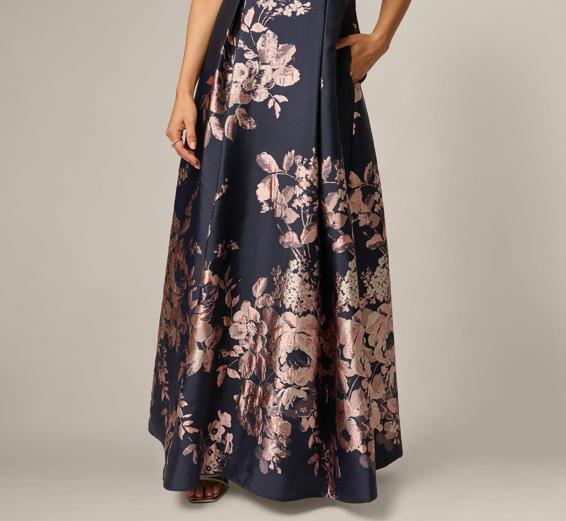 Petite Off Shoulder Metallic Floral Jacquard Gown In Navy Blush sold by Adrianna Papell product image thumbnail 4