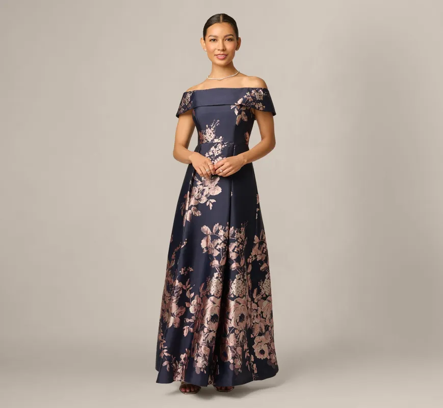 Petite Off Shoulder Metallic Floral Jacquard Gown In Navy Blush made by Adrianna Papell