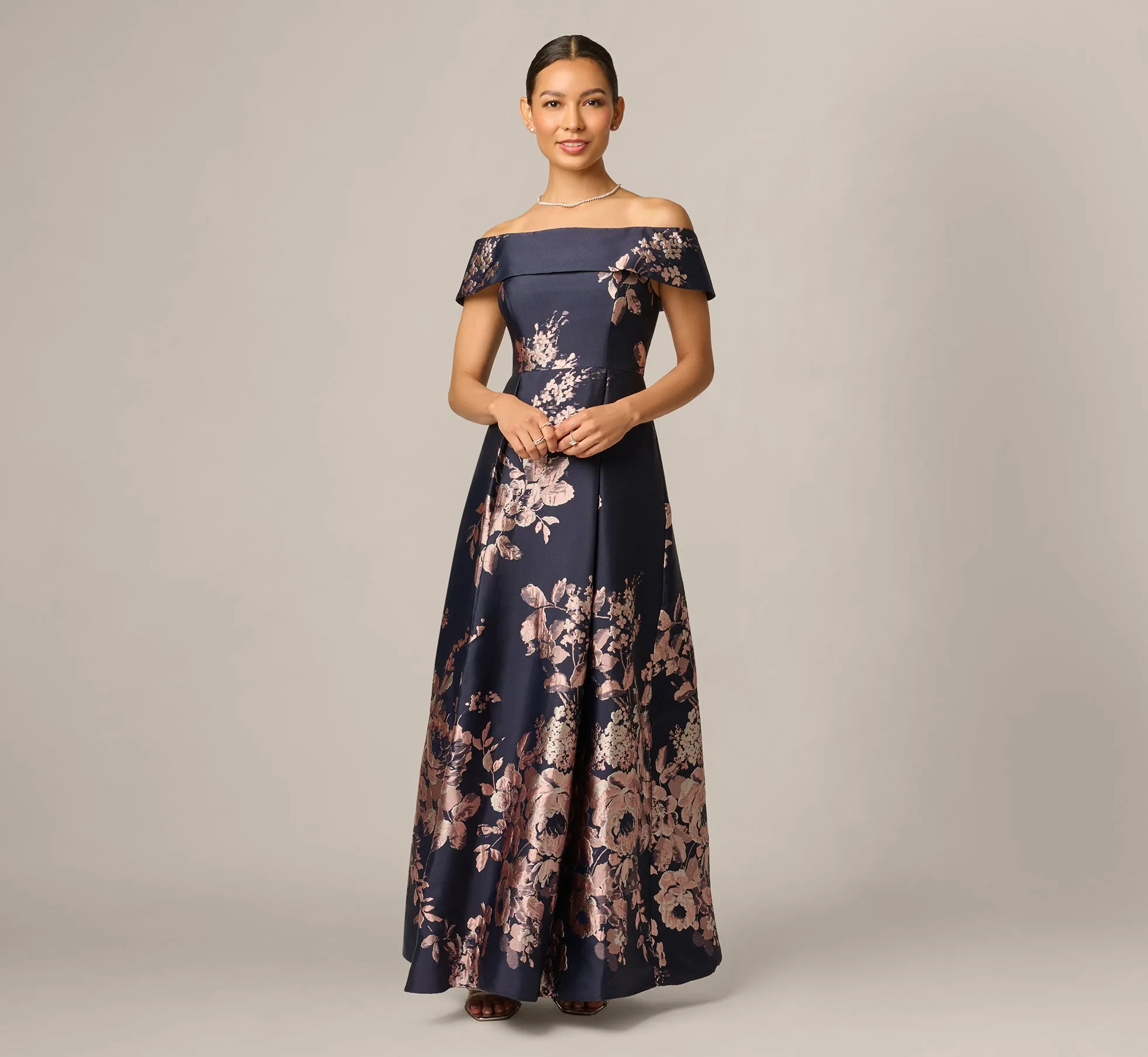 Petite Off Shoulder Metallic Floral Jacquard Gown In Navy Blush sold by Adrianna Papell