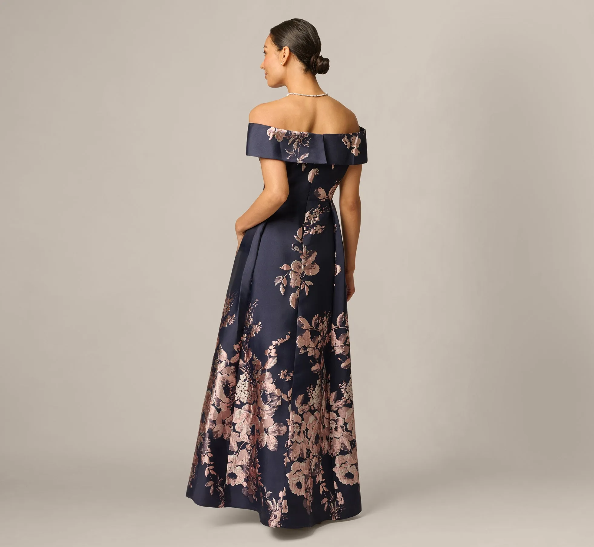 Petite Off Shoulder Metallic Floral Jacquard Gown In Navy Blush sold by Adrianna Papell product image thumbnail 5