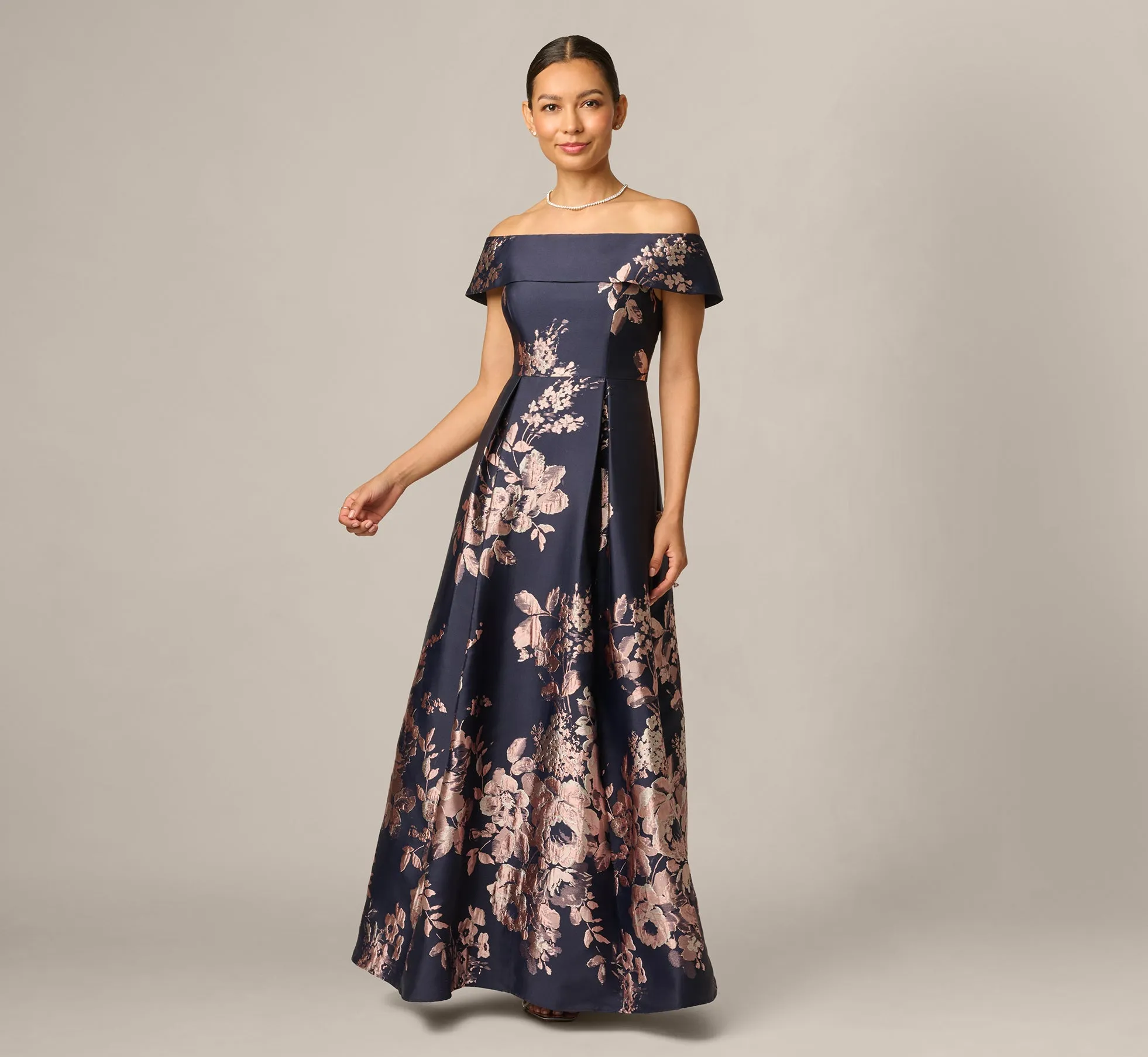 Petite Off Shoulder Metallic Floral Jacquard Gown In Navy Blush sold by Adrianna Papell product image thumbnail 2