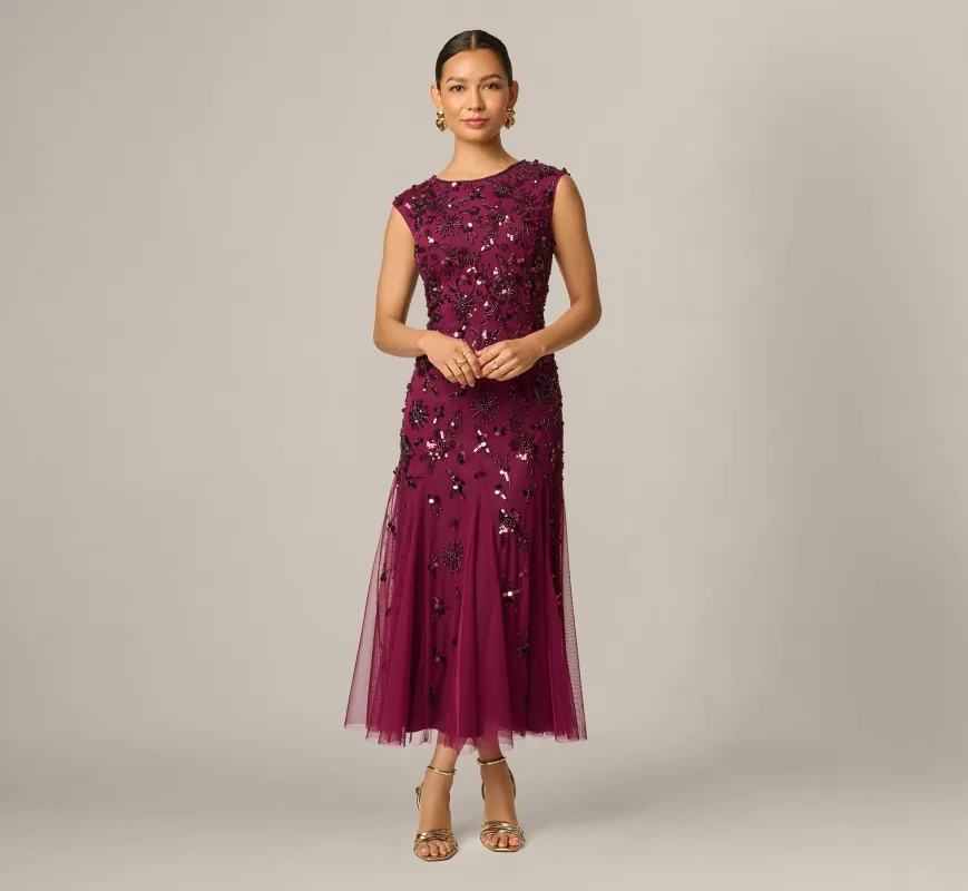 Petite Floral Beaded Ankle Length Gown In Bordeaux made by Adrianna Papell