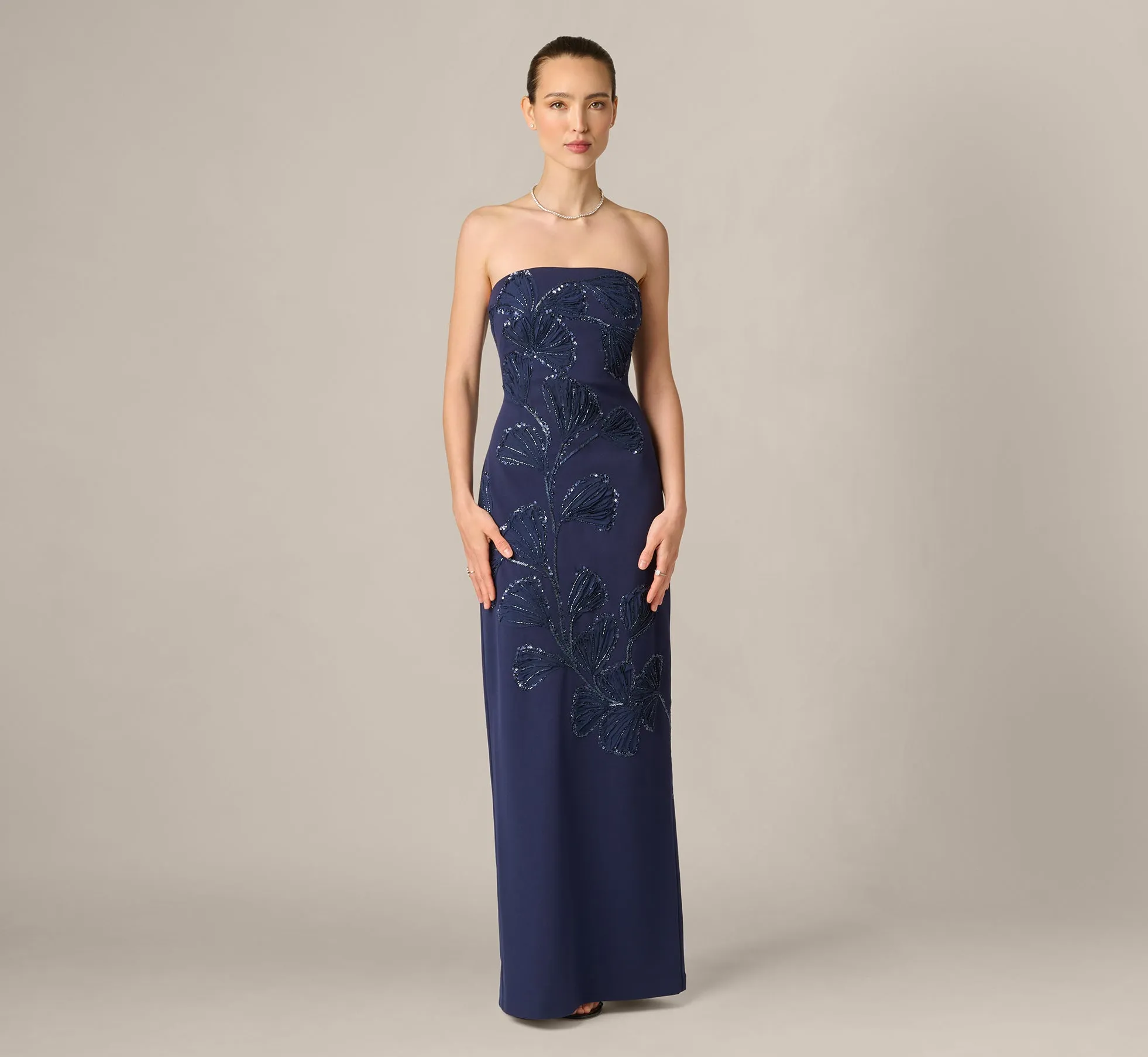 Strapless Floral Beaded Soutache Column Gown In Dark Navy sold by Adrianna Papell product image thumbnail 2