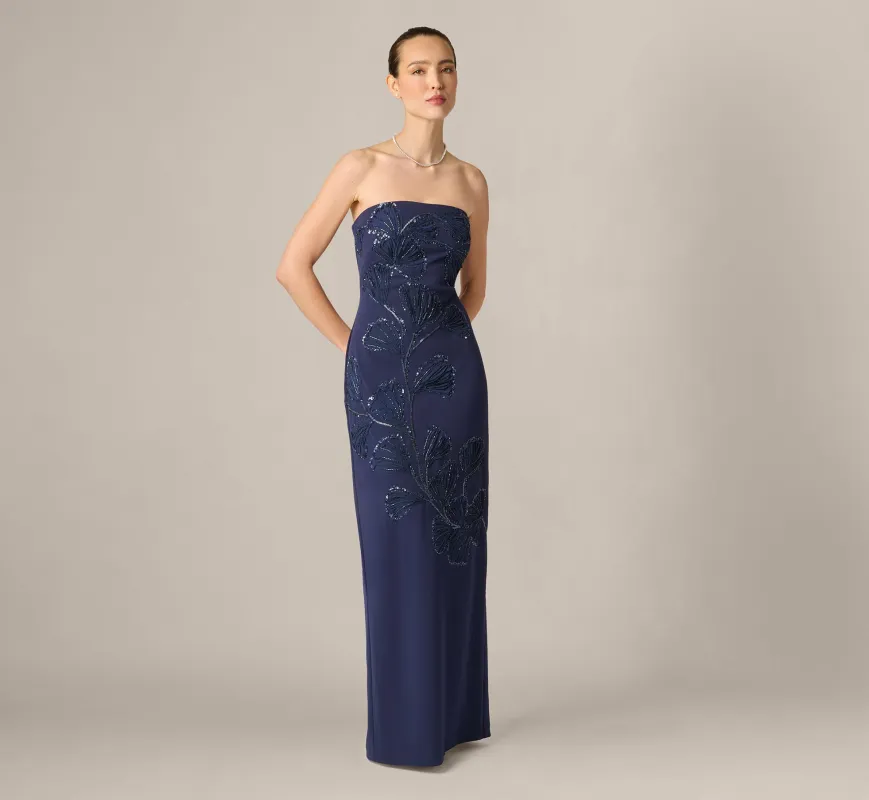 Strapless Floral Beaded Soutache Column Gown In Dark Navy made by Aidan Mattox
