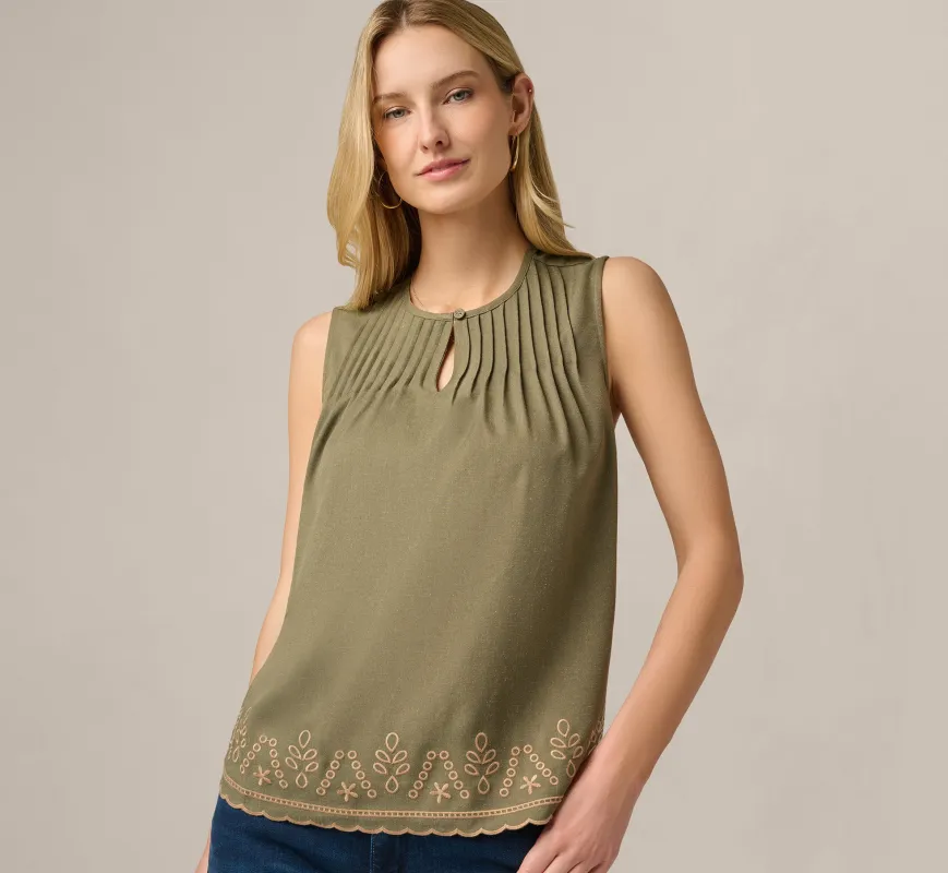 Embroidered Pintuck Keyhole Tank Top In Olive Tree Taos Taupe made by Adrianna Papell