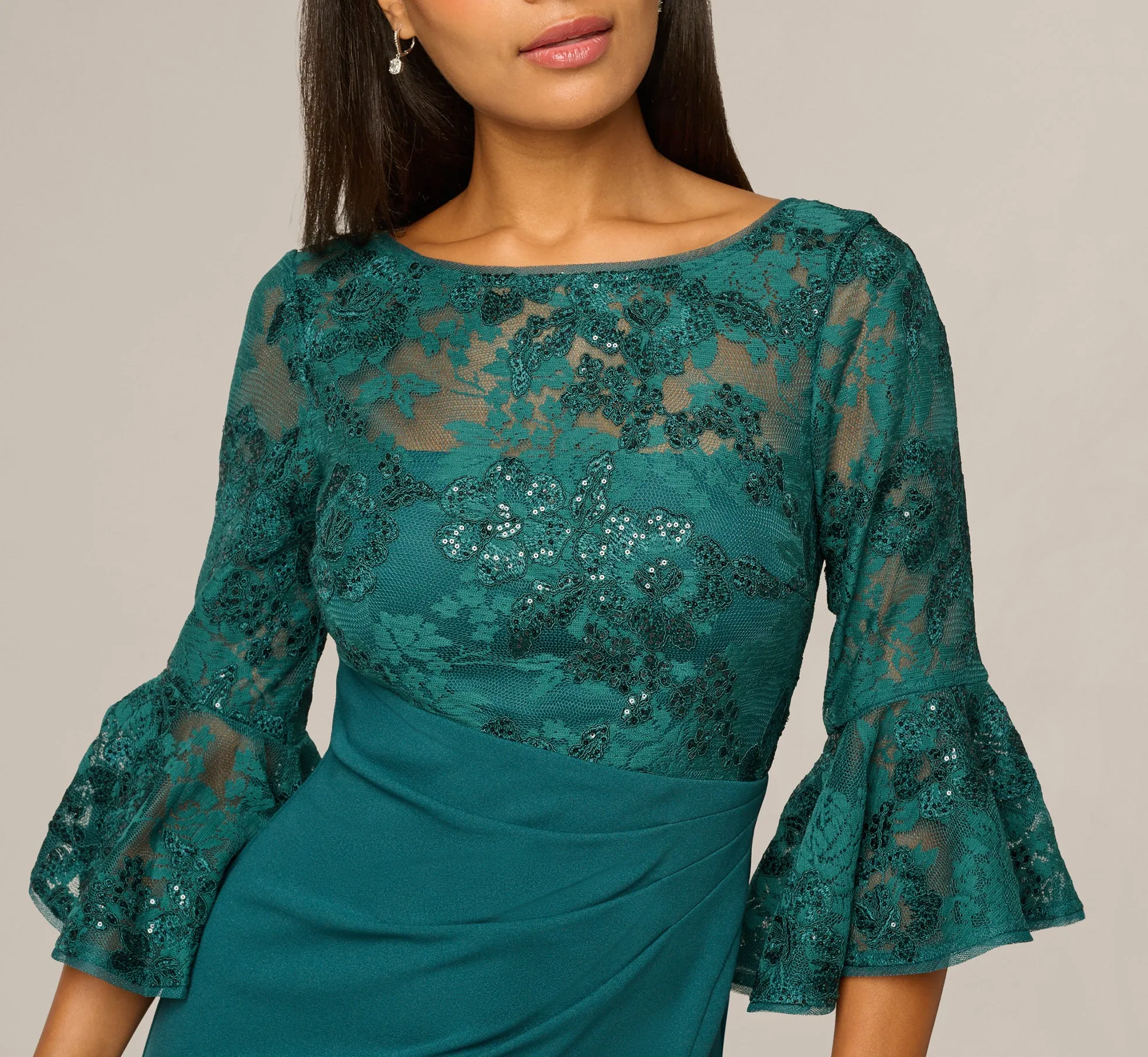 Sequin Floral Lace Dress With Sheer Bell Sleeves In Hunter sold by Adrianna Papell product image thumbnail 3