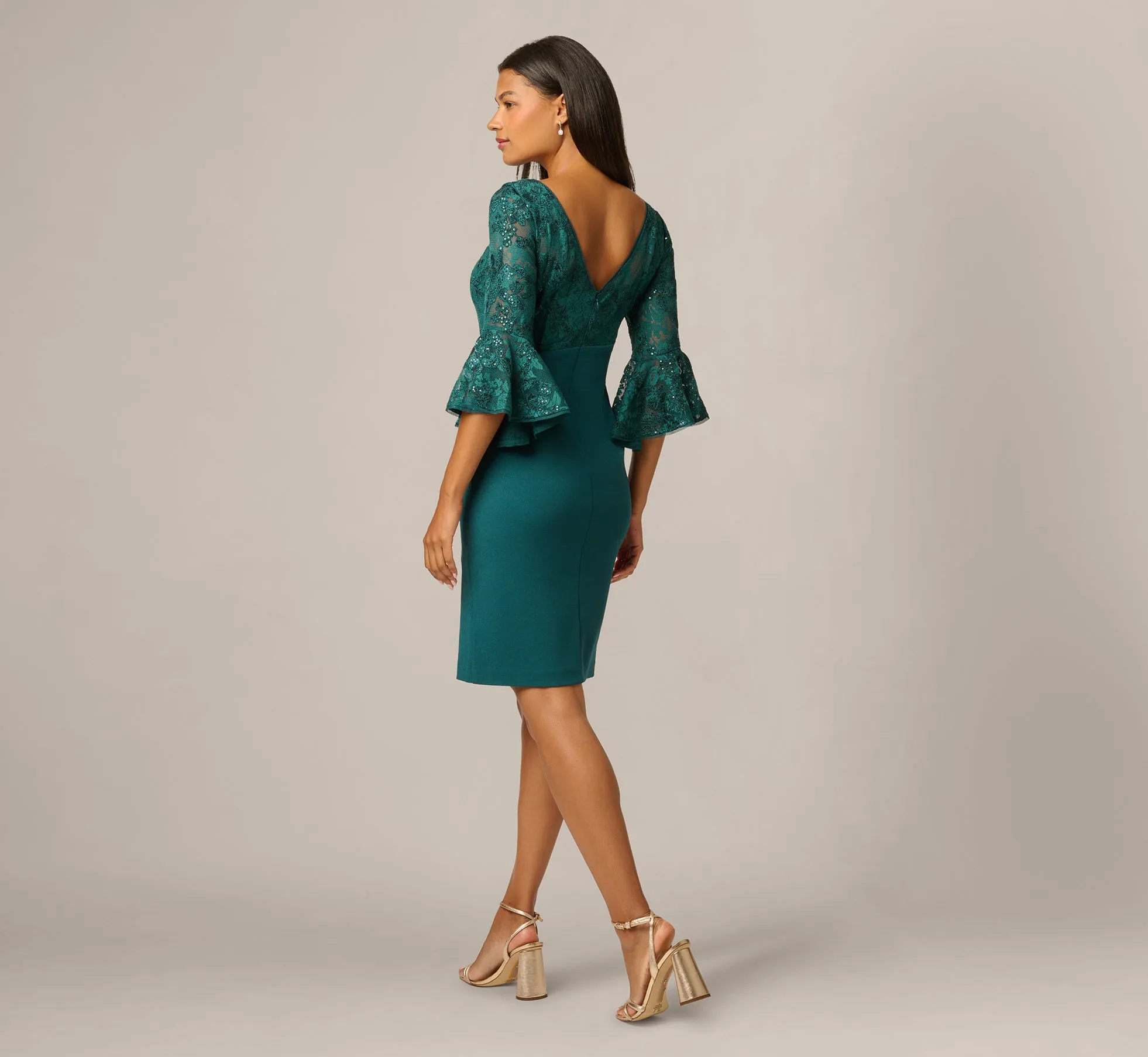 Sequin Floral Lace Dress With Sheer Bell Sleeves In Hunter sold by Adrianna Papell product image thumbnail 5