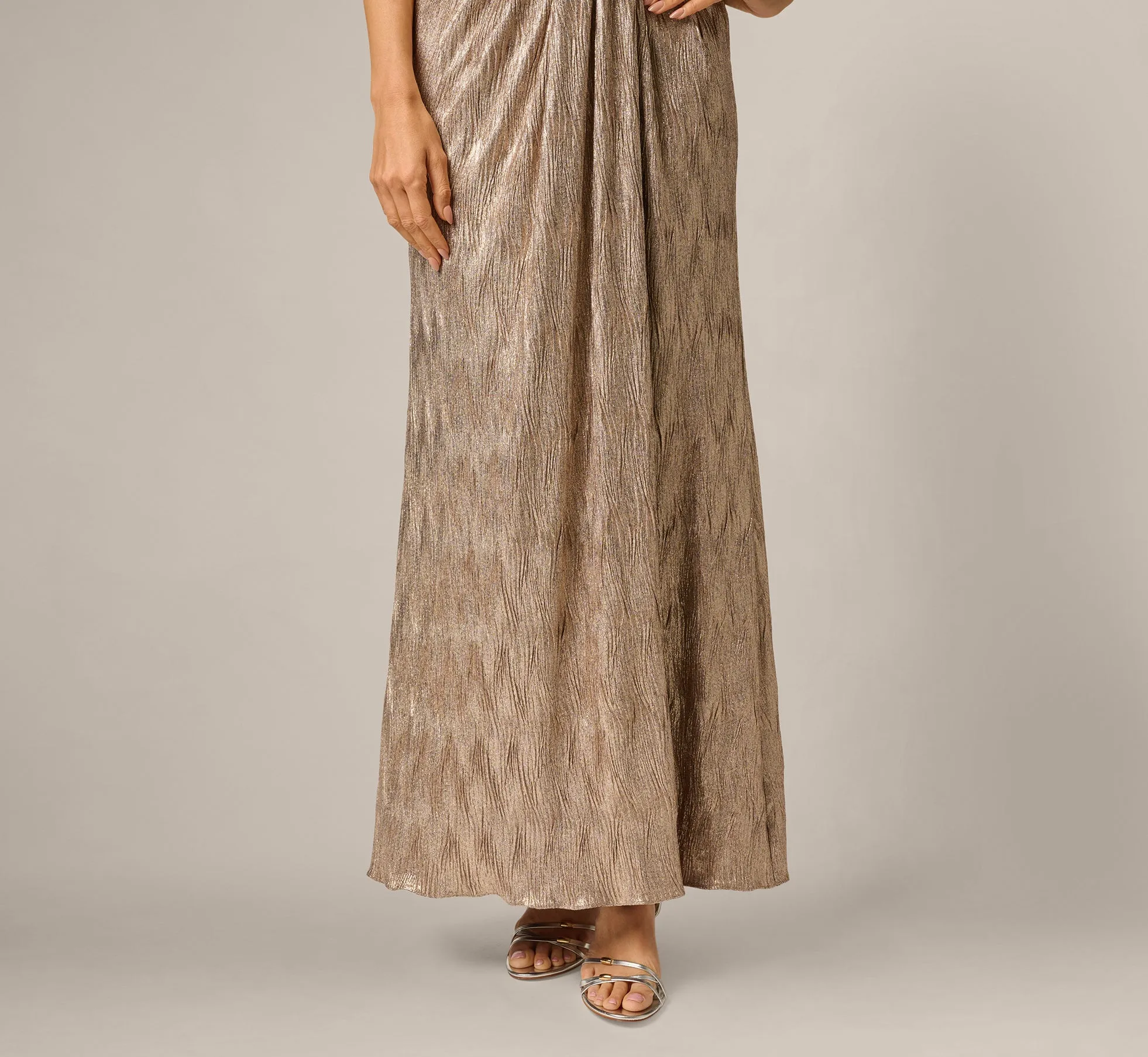 Crinkle Metallic Draped Stretch Halter Gown In Rosegold sold by Adrianna Papell product image thumbnail 4