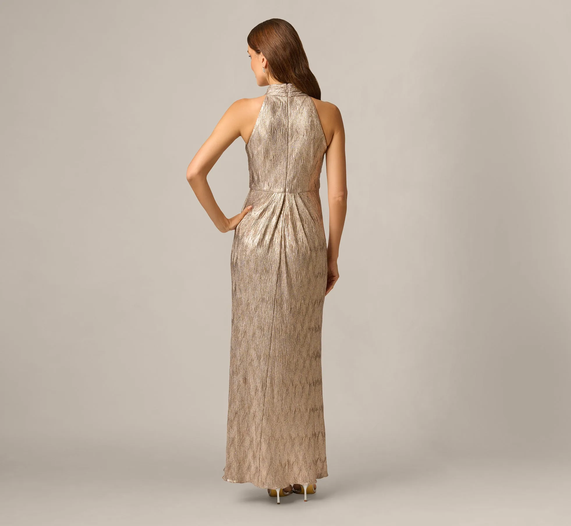 Crinkle Metallic Draped Stretch Halter Gown In Rosegold sold by Adrianna Papell product image thumbnail 5