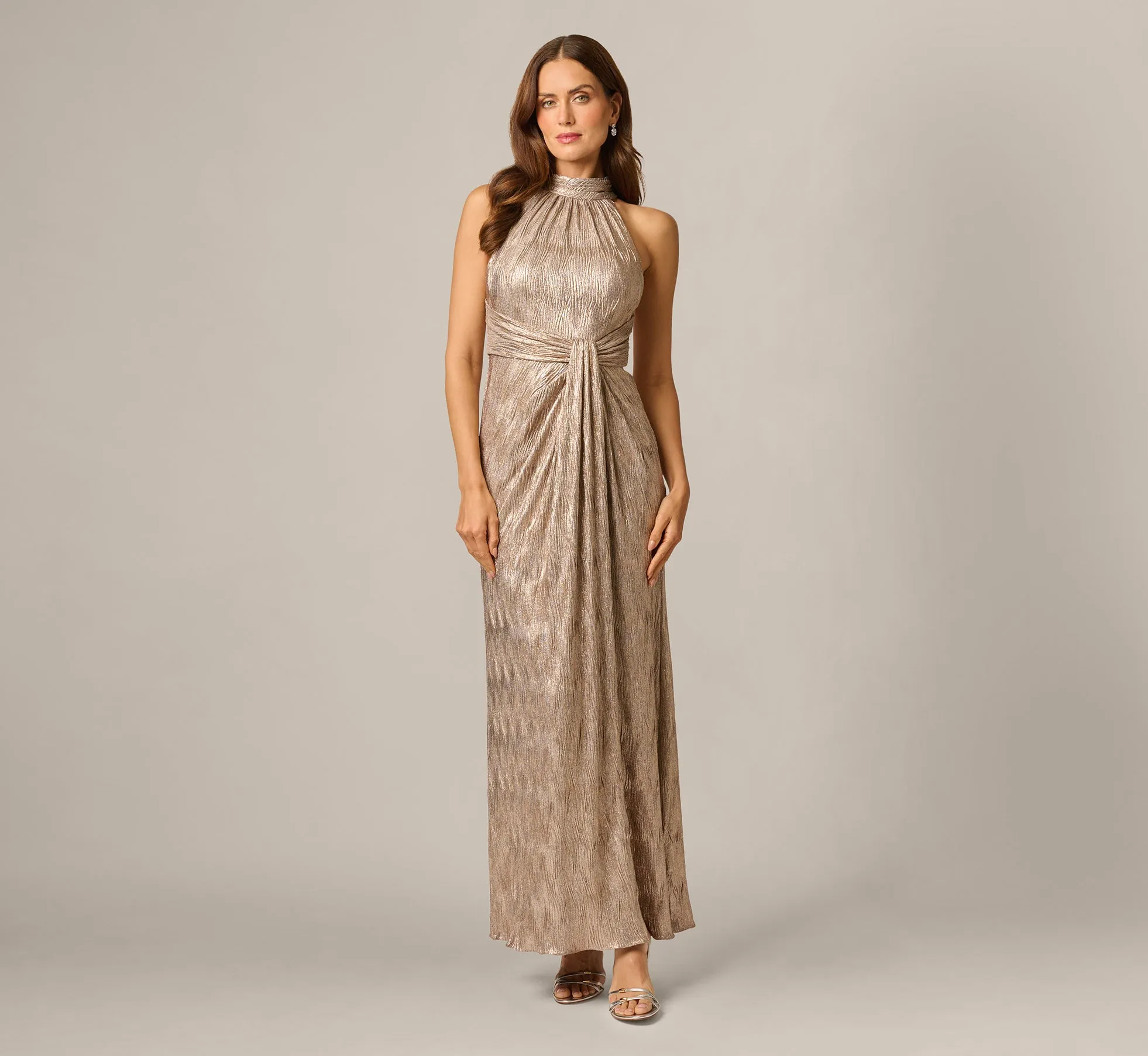 Crinkle Metallic Draped Stretch Halter Gown In Rosegold sold by Adrianna Papell product image thumbnail 2