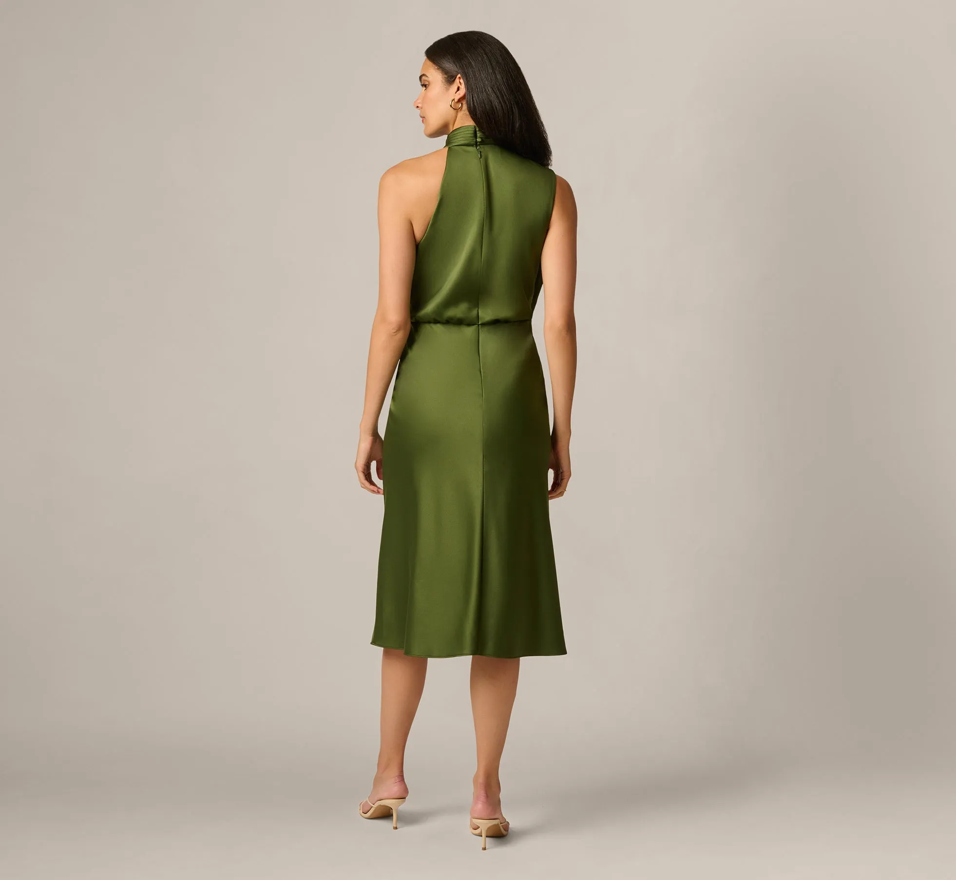 Satin Blouson Halter Midi Dress In Olive Cypress sold by Adrianna Papell product image thumbnail 5