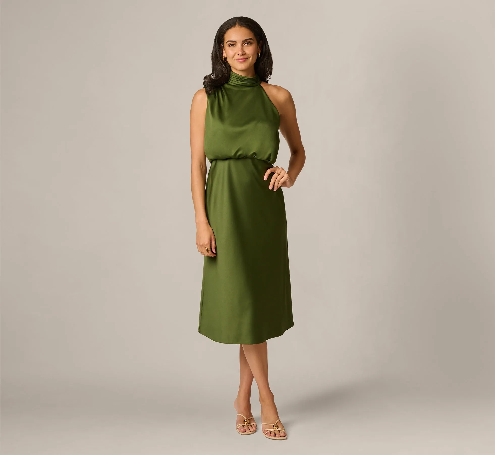 Satin Blouson Halter Midi Dress In Olive Cypress sold by Adrianna Papell product image thumbnail 2