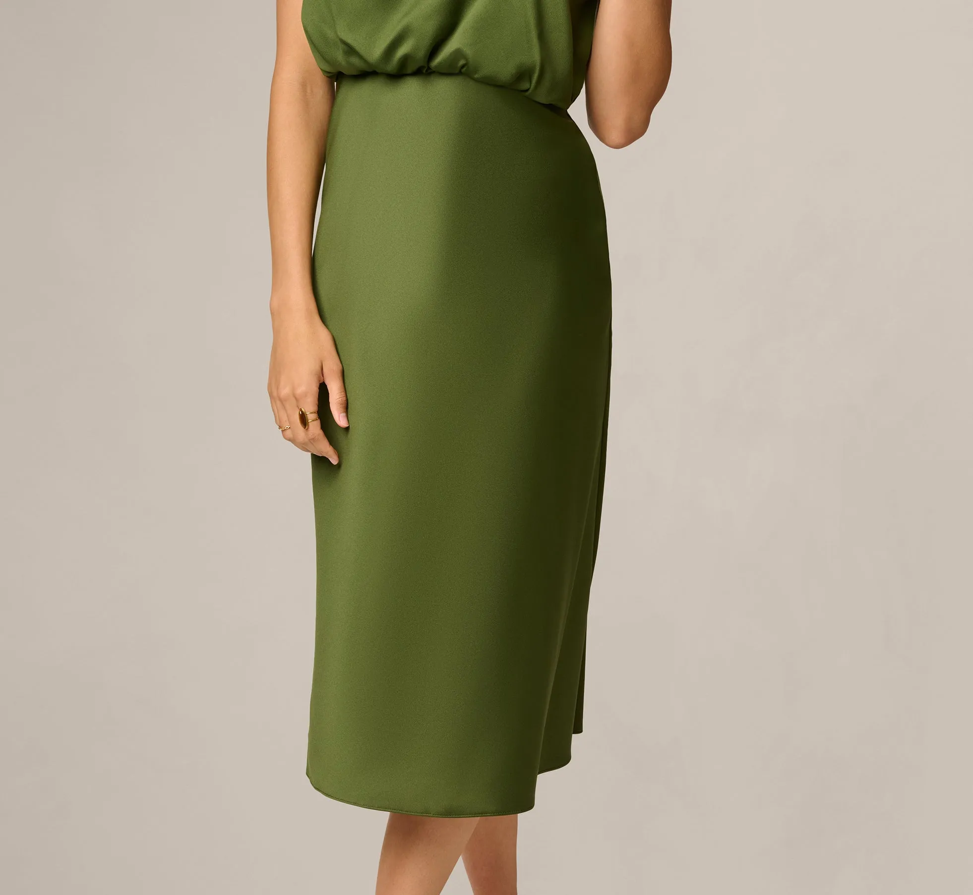 Satin Blouson Halter Midi Dress In Olive Cypress sold by Adrianna Papell product image thumbnail 4
