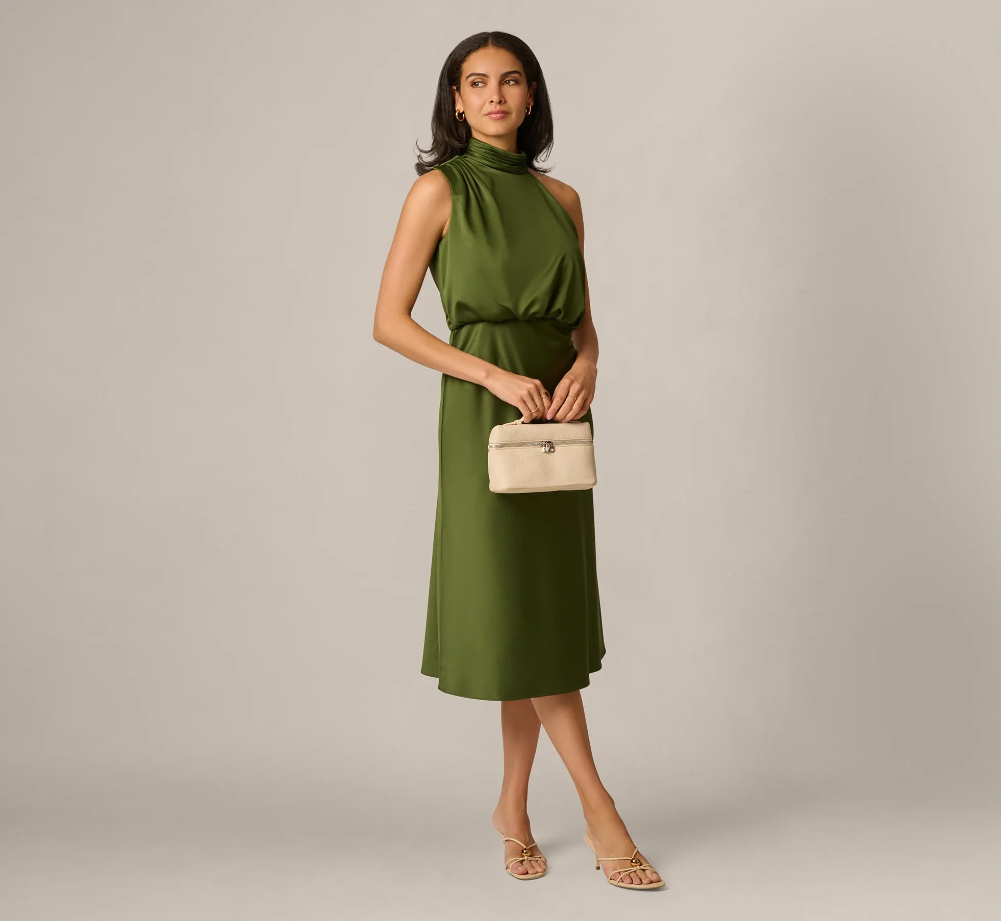 Satin Blouson Halter Midi Dress In Olive Cypress sold by Adrianna Papell