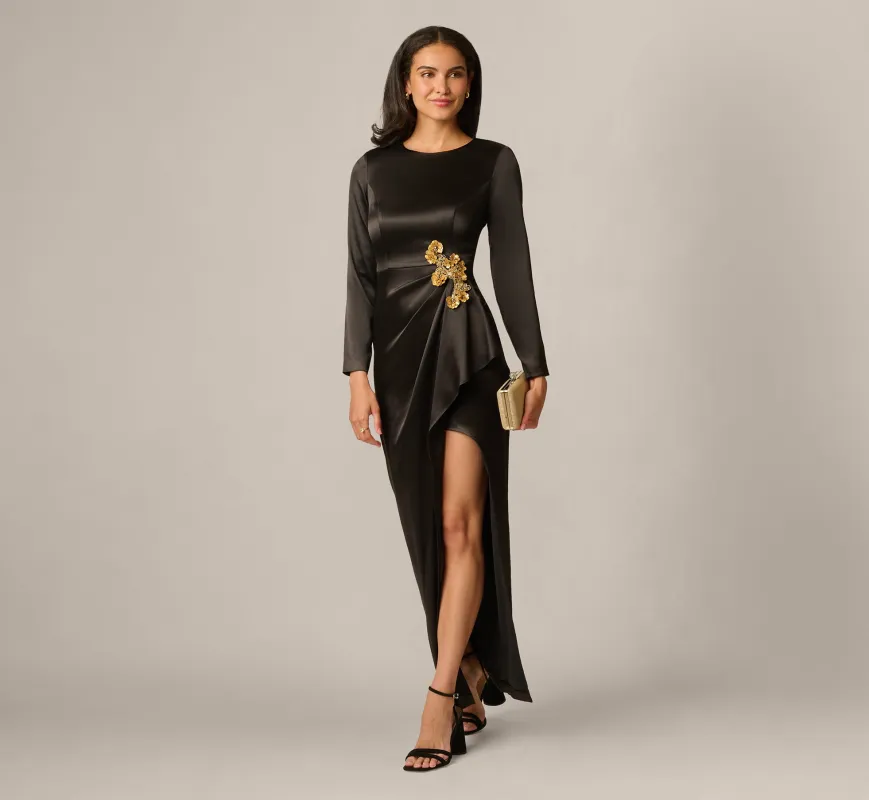 Long Sleeve Stretch Satin Beaded Drape Gown In Black made by Adrianna Papell