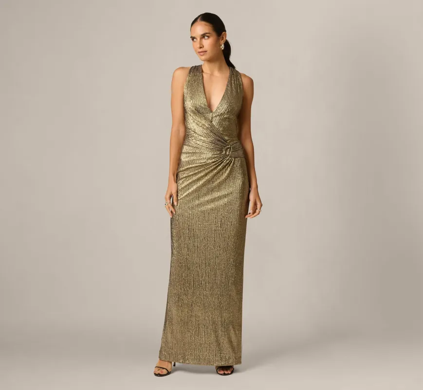 Textured Metallic Knit Plunge Neck Gown In Gold made by Adrianna Papell
