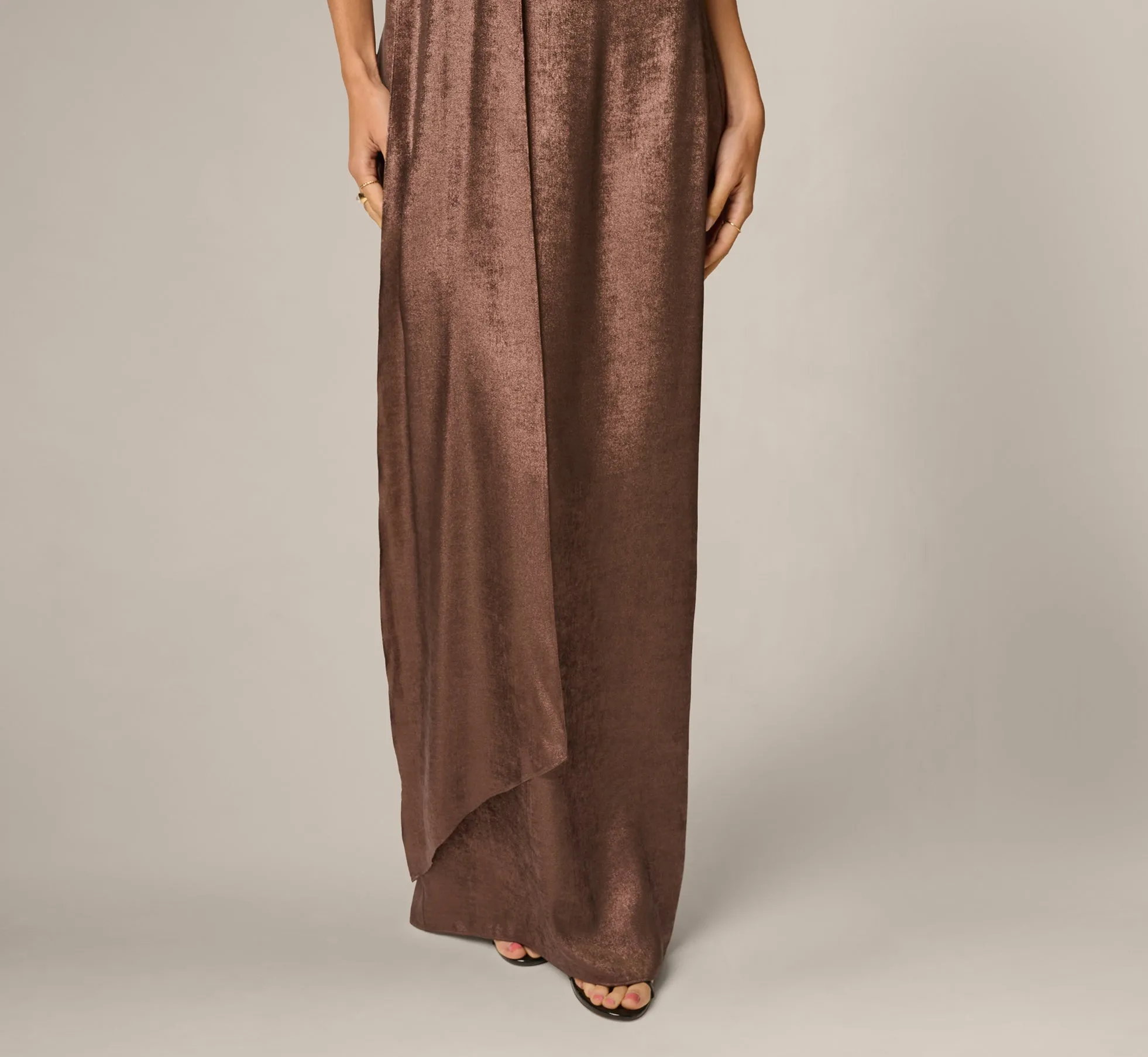 Foiled Chiffon Asymmetrical Halter Scarf Gown In Espresso sold by Adrianna Papell product image thumbnail 4