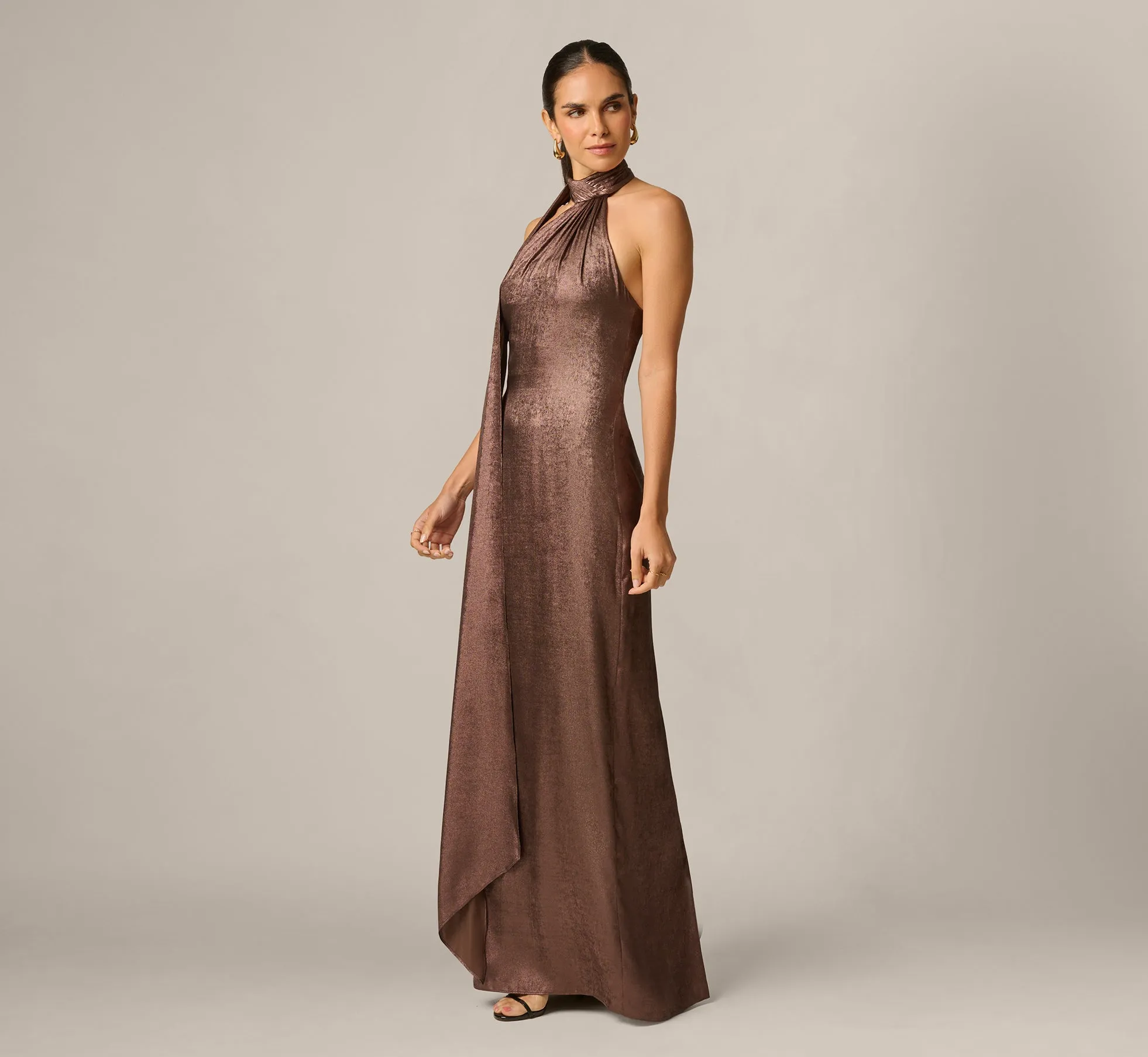 Foiled Chiffon Asymmetrical Halter Scarf Gown In Espresso sold by Adrianna Papell