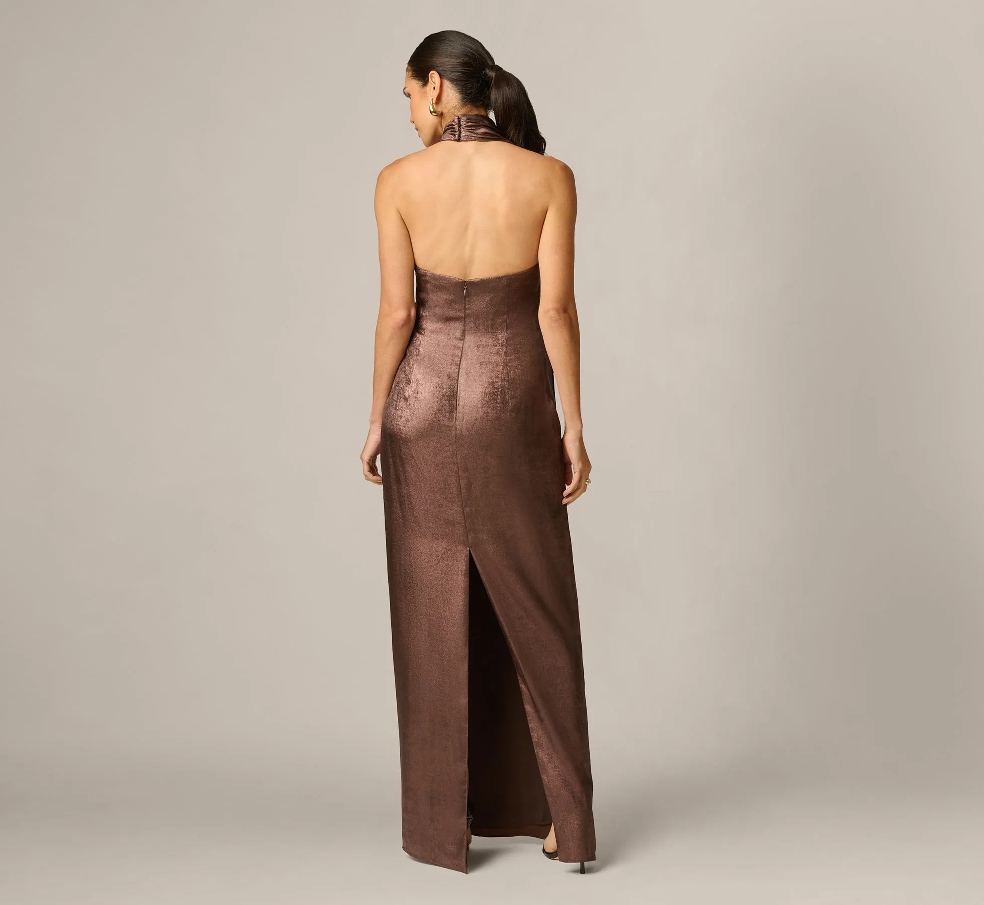 Foiled Chiffon Asymmetrical Halter Scarf Gown In Espresso sold by Adrianna Papell product image thumbnail 5