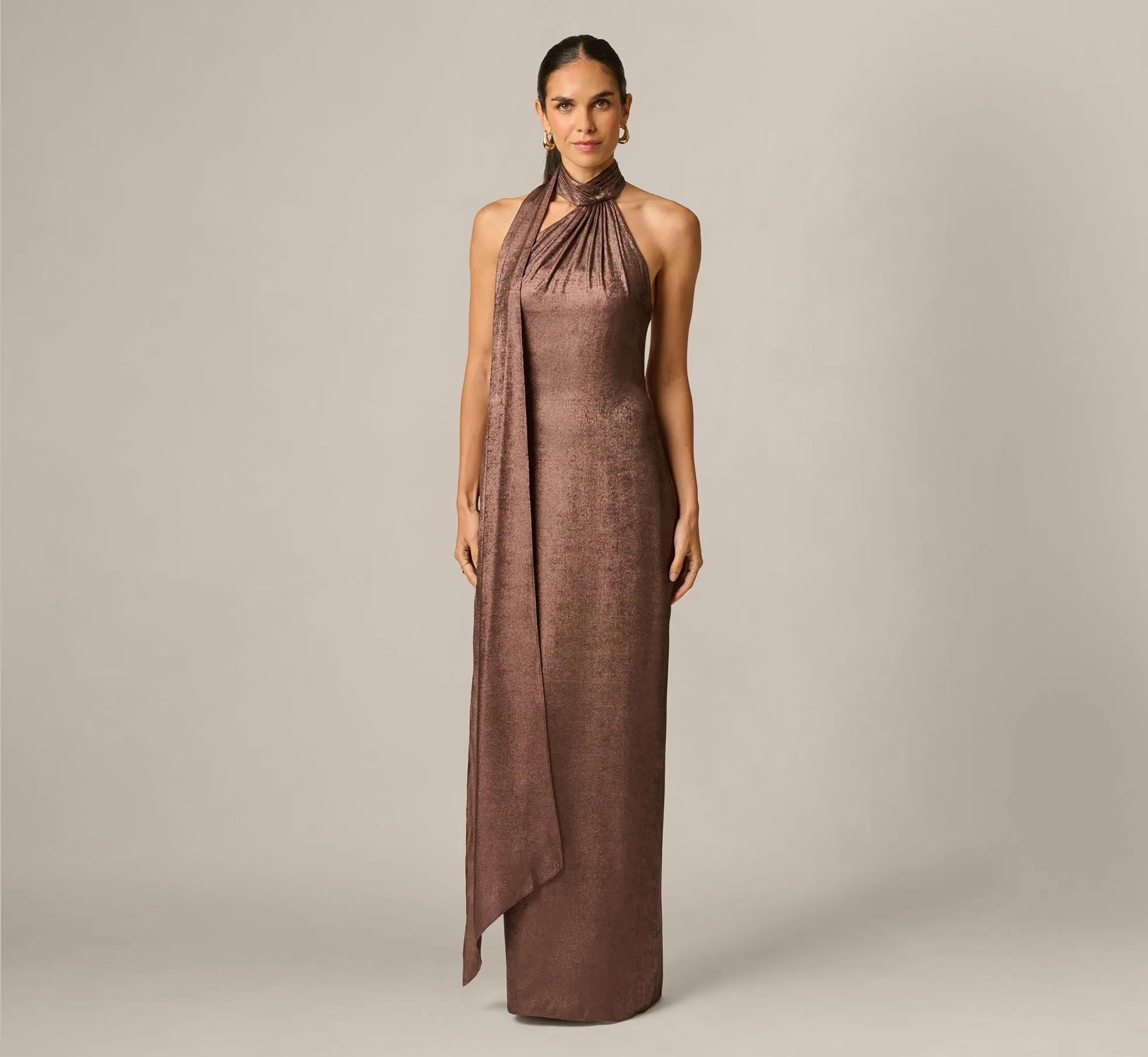 Foiled Chiffon Asymmetrical Halter Scarf Gown In Espresso sold by Adrianna Papell product image thumbnail 2