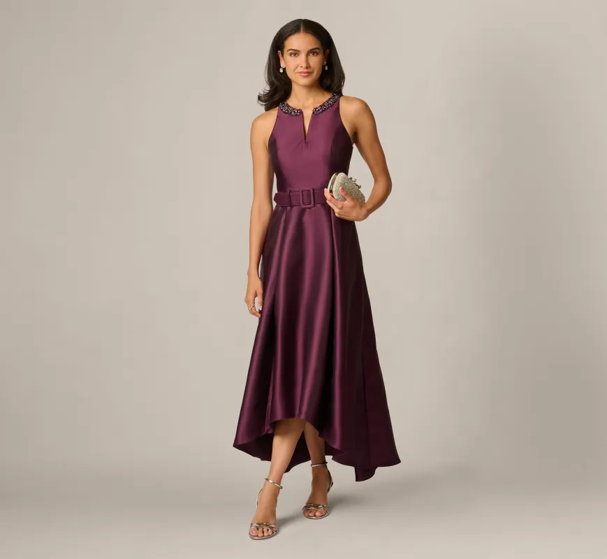 Beaded Collar Mikado Fit And Flare High Low Gown In Pinot Noir made by Adrianna Papell