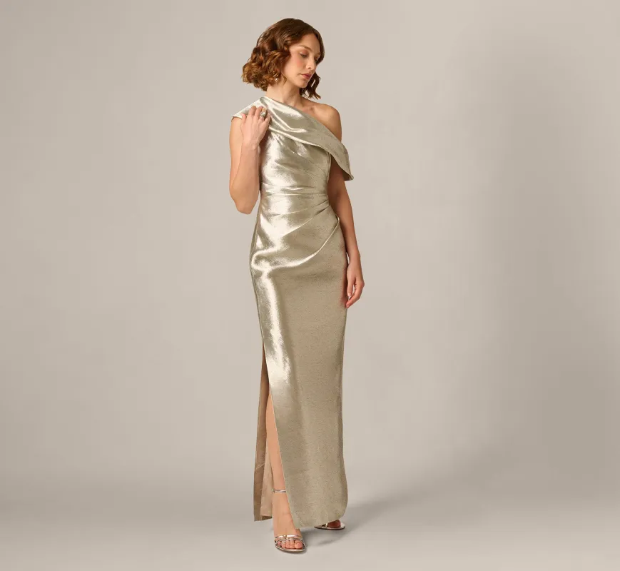 Draped One Shoulder Textured Metallic Jacquard Gown In Light Gold made by Aidan Mattox