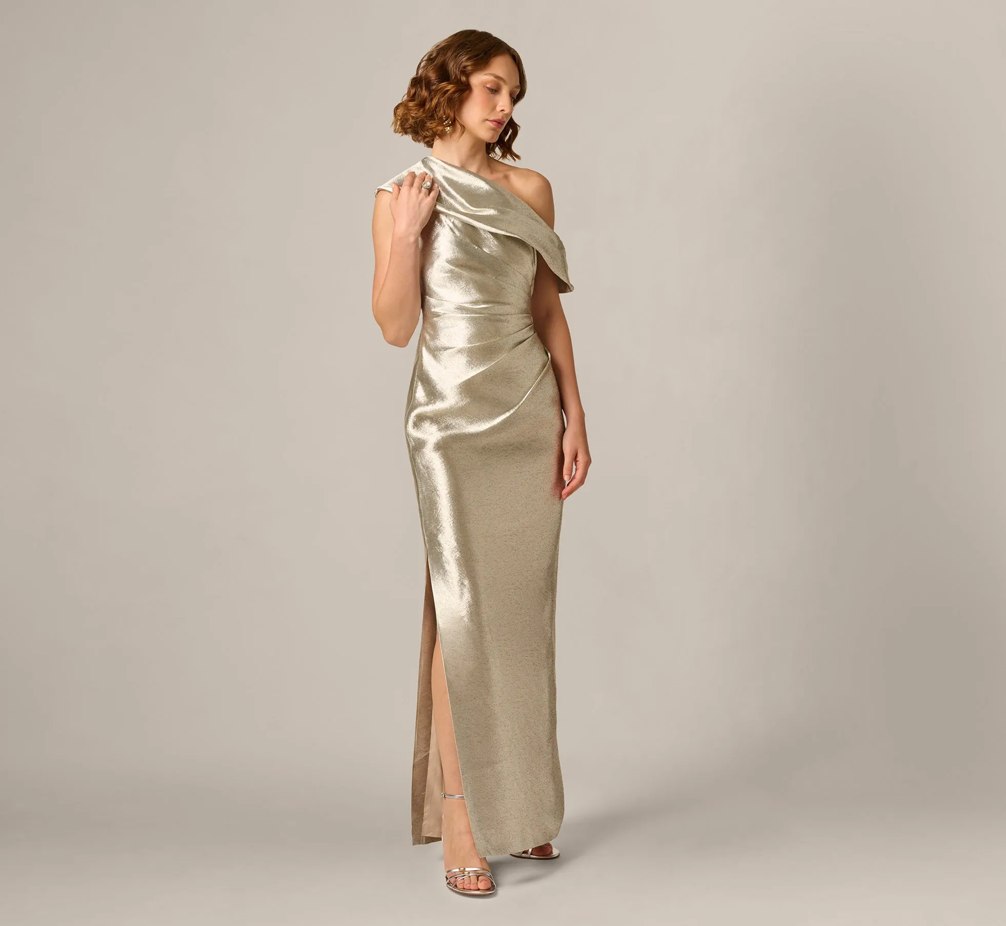 Draped One Shoulder Textured Metallic Jacquard Gown In Light Gold sold by Adrianna Papell