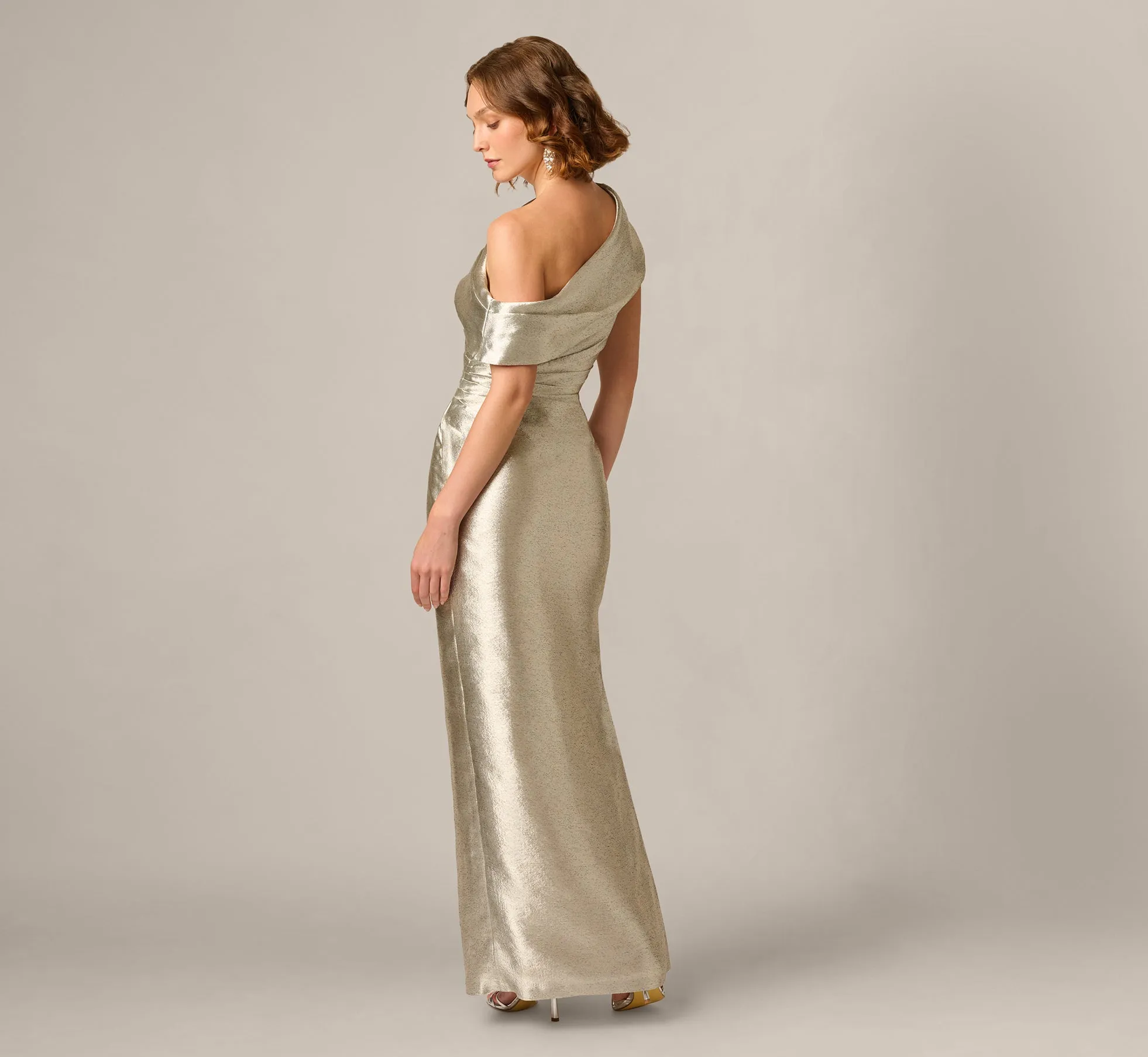 Draped One Shoulder Textured Metallic Jacquard Gown In Light Gold sold by Adrianna Papell product image thumbnail 5