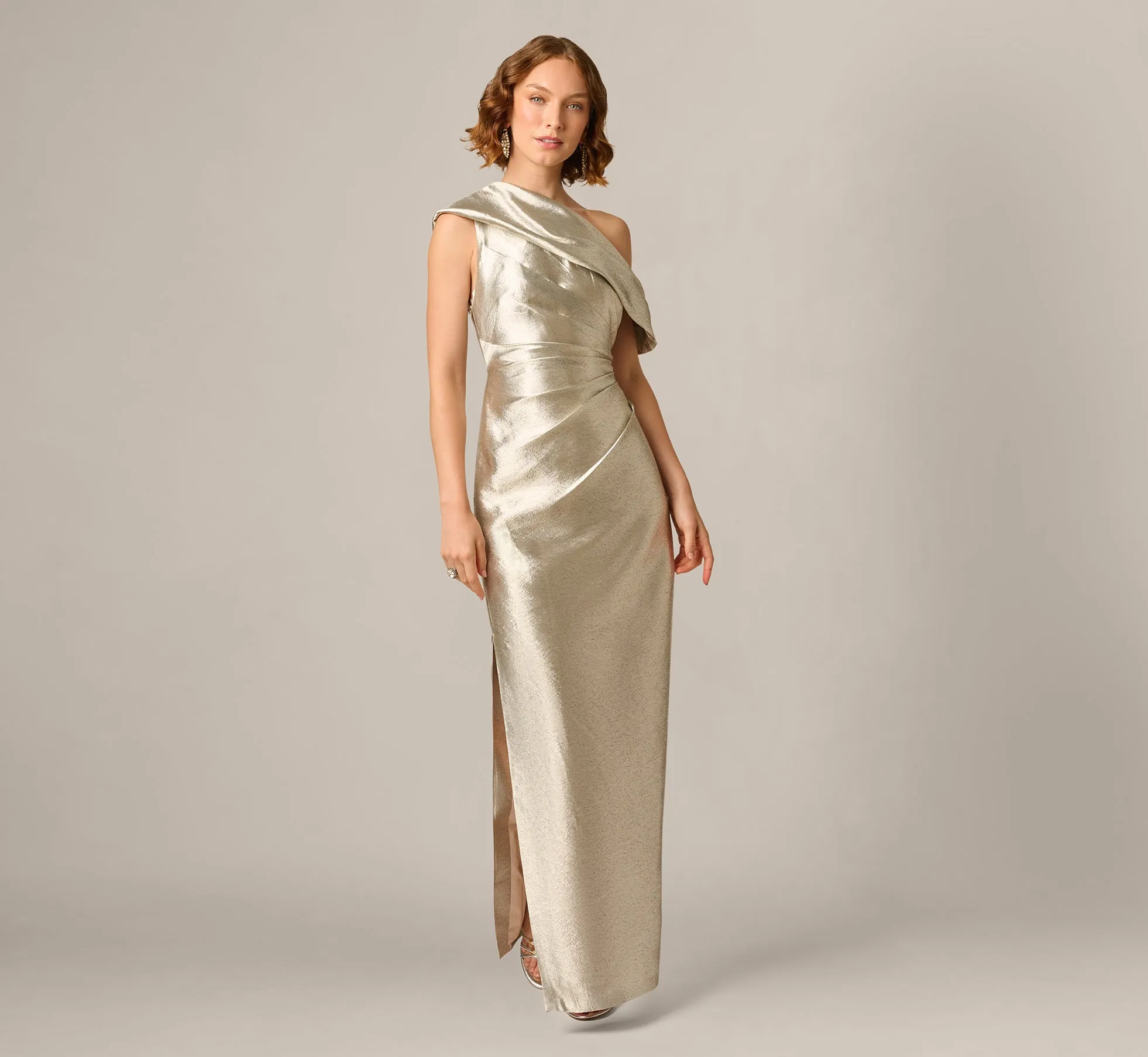 Draped One Shoulder Textured Metallic Jacquard Gown In Light Gold sold by Adrianna Papell product image thumbnail 2