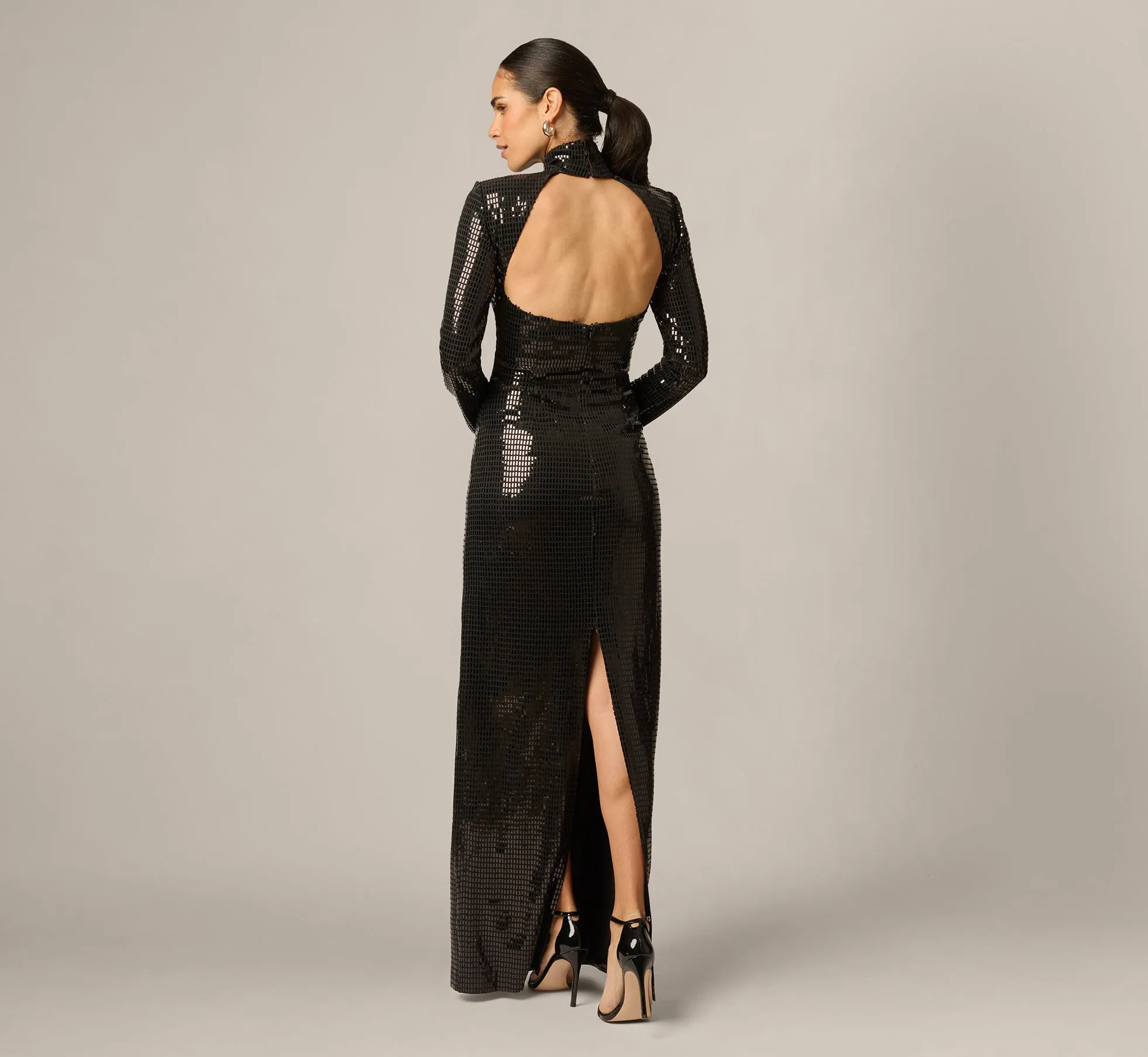 Long Sleeve Shimmer Knit Open Back Gown In Black sold by Adrianna Papell product image thumbnail 5