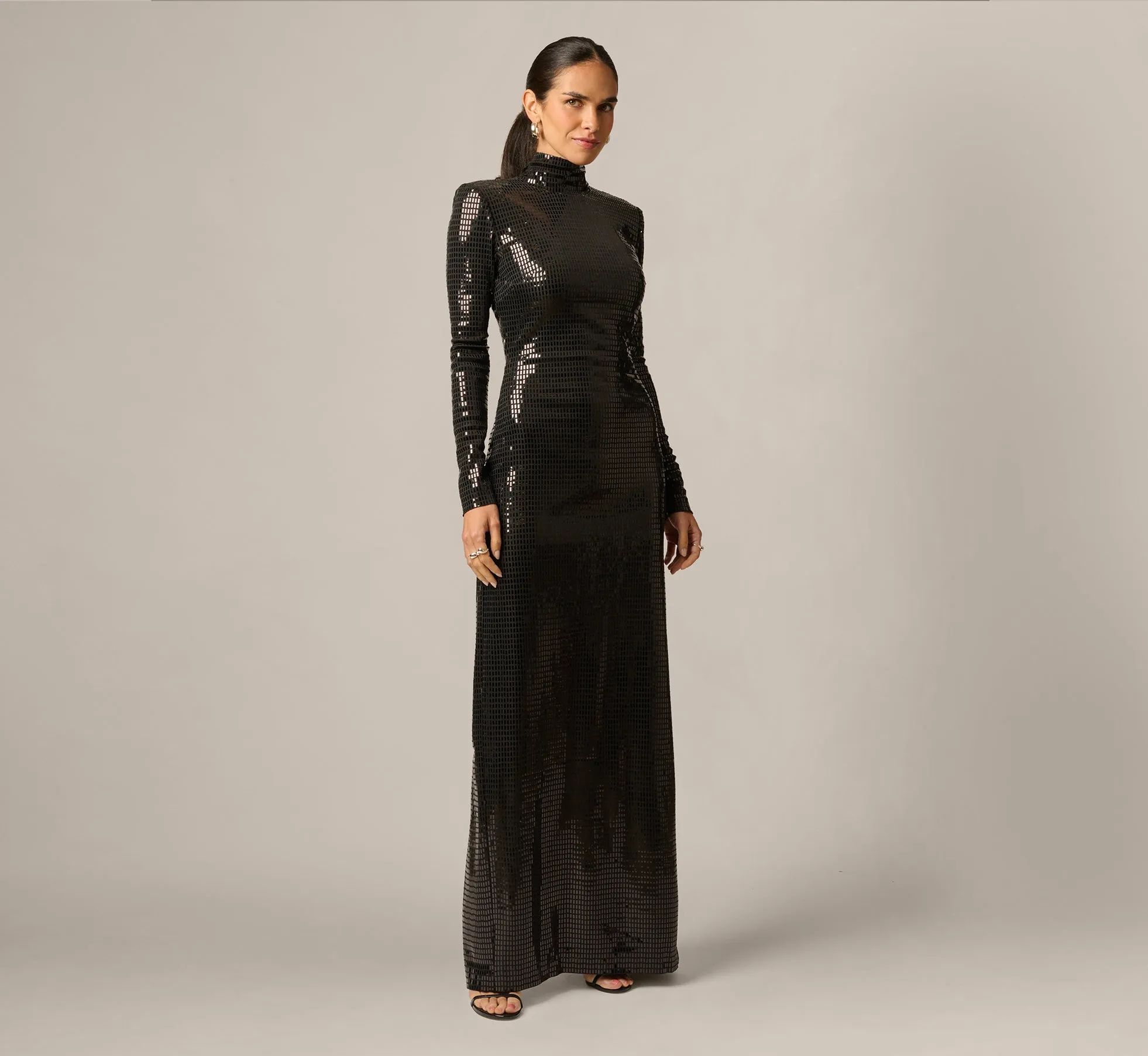 Long Sleeve Shimmer Knit Open Back Gown In Black sold by Adrianna Papell product image thumbnail 2
