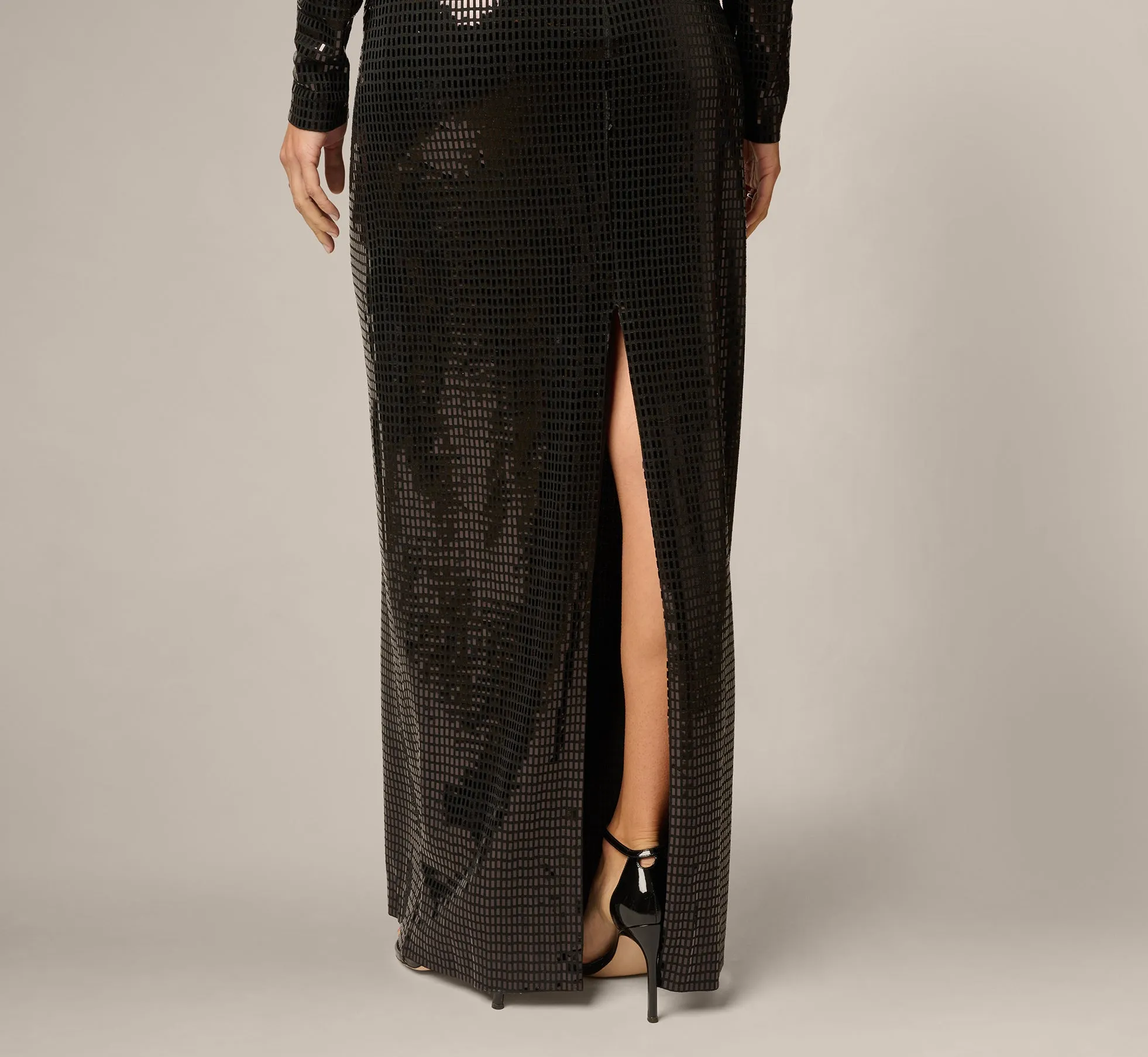 Long Sleeve Shimmer Knit Open Back Gown In Black sold by Adrianna Papell product image thumbnail 4