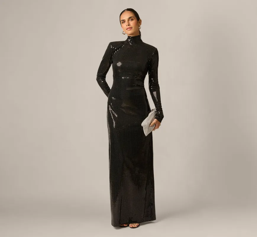 Long Sleeve Shimmer Knit Open Back Gown In Black made by Adrianna Papell