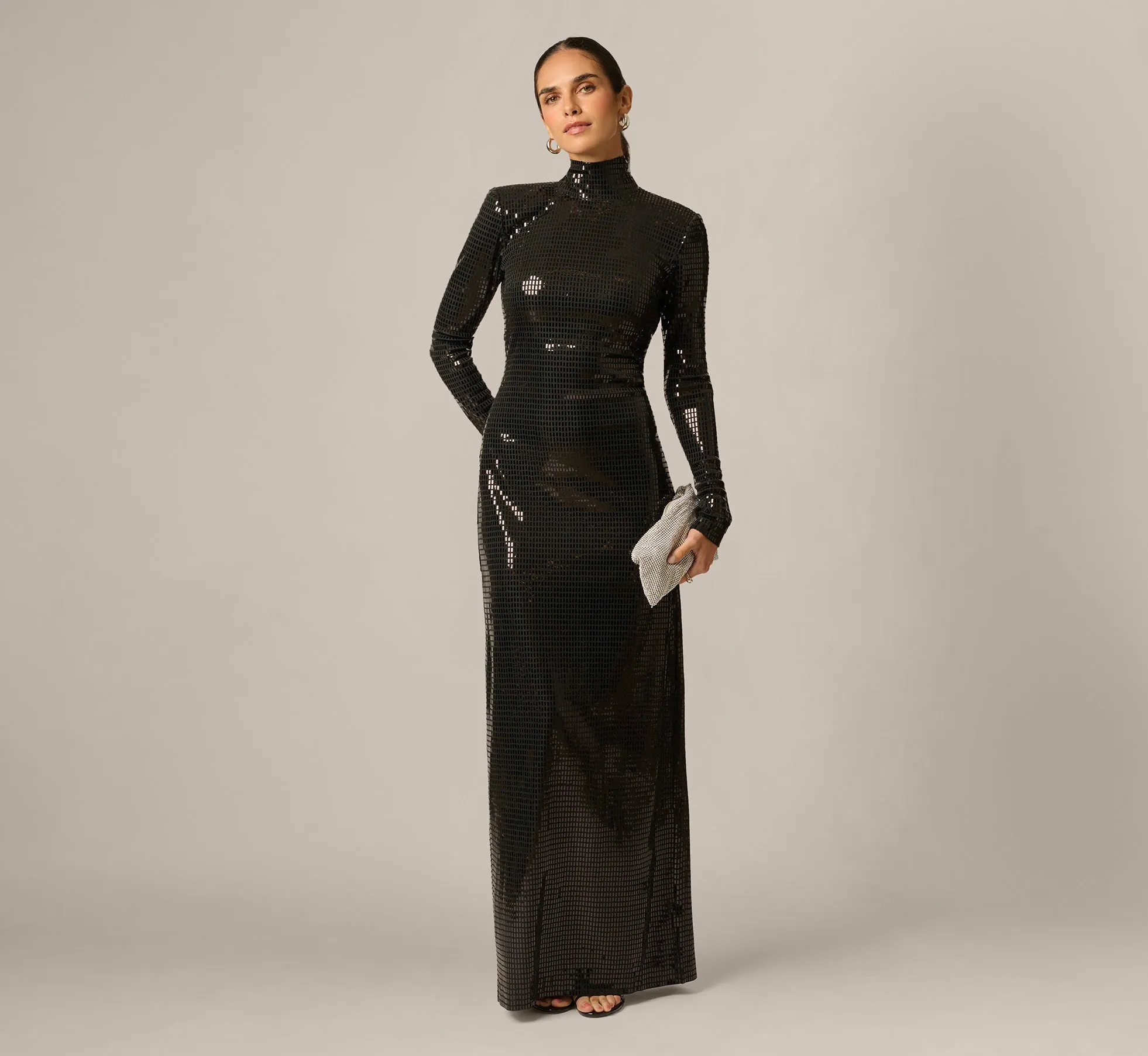 Long Sleeve Shimmer Knit Open Back Gown In Black sold by Adrianna Papell