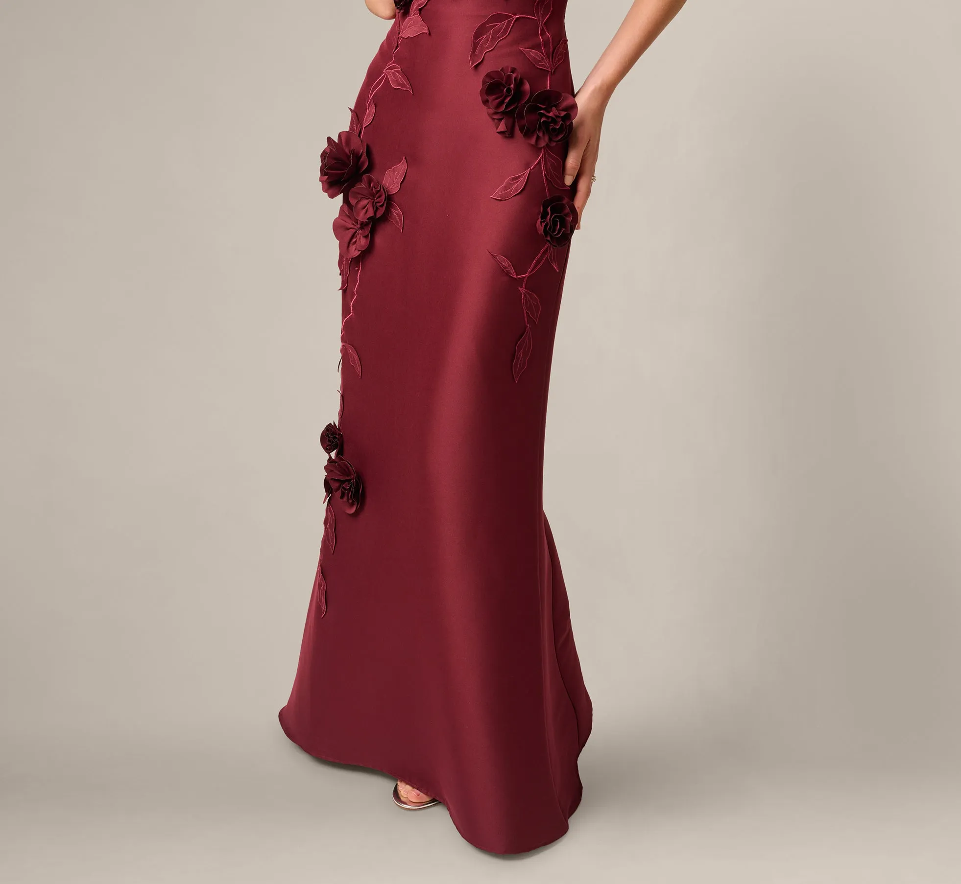 3D Floral Vine Stretch Mikado Mermaid Gown In Mahogany sold by Adrianna Papell product image thumbnail 4