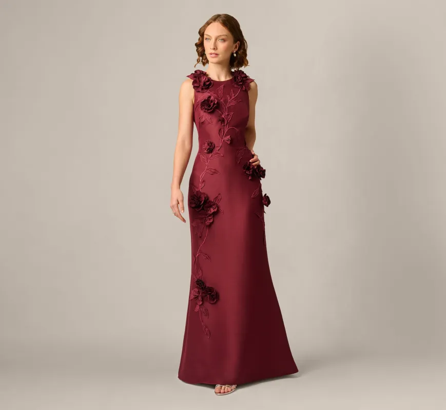 3D Floral Vine Stretch Mikado Mermaid Gown In Mahogany made by Aidan Mattox