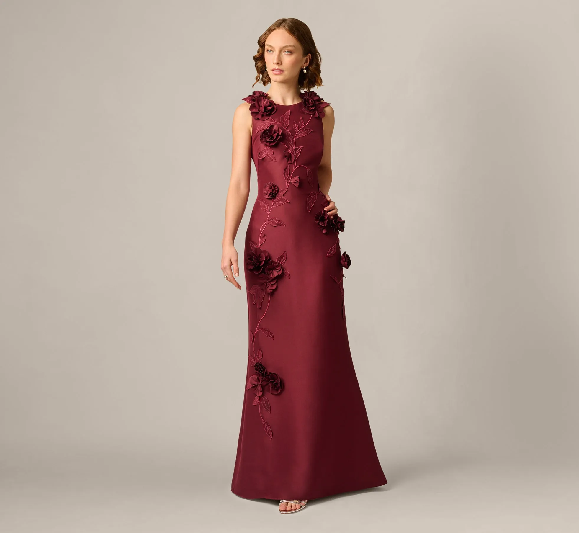 3D Floral Vine Stretch Mikado Mermaid Gown In Mahogany sold by Adrianna Papell