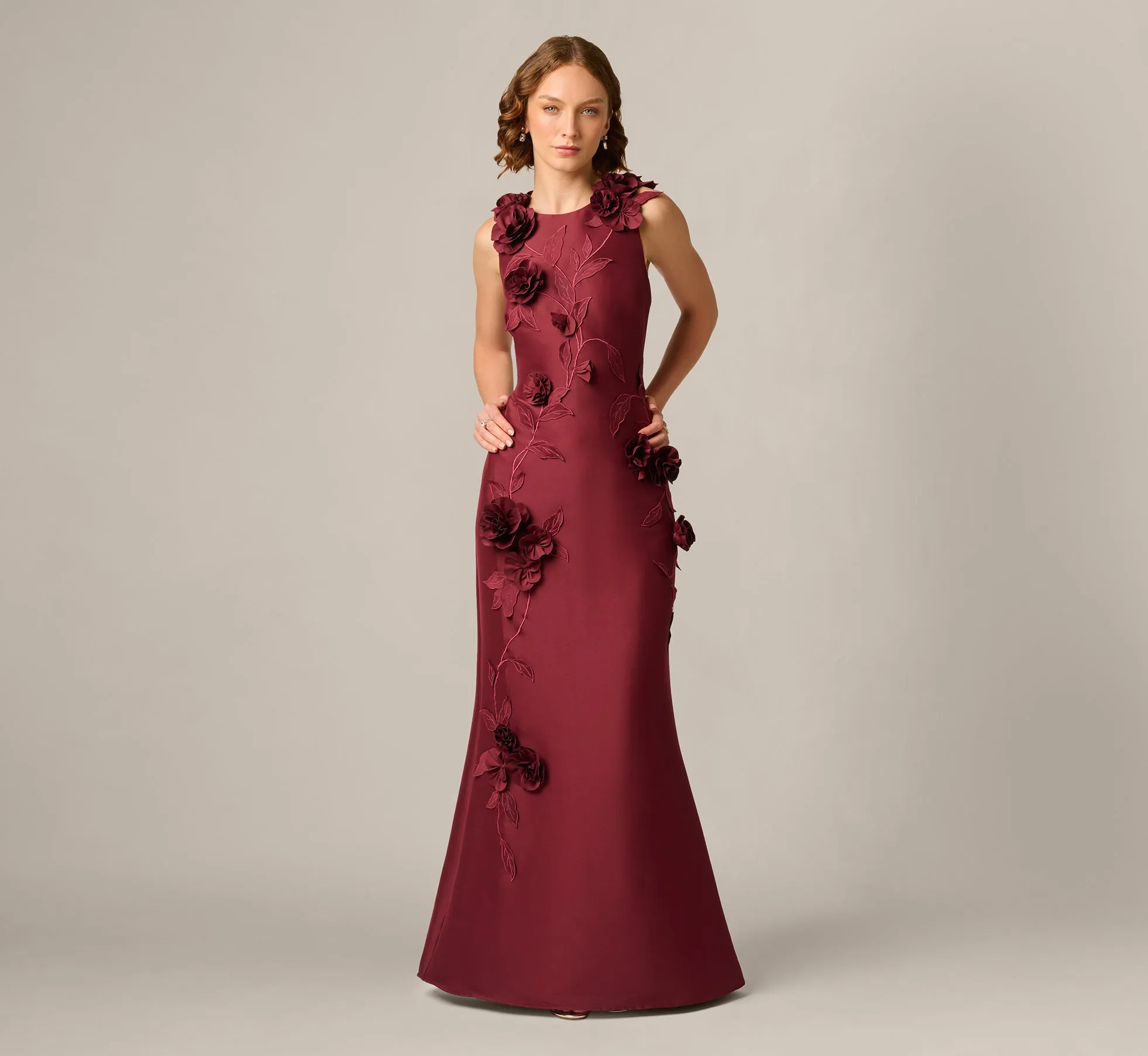 3D Floral Vine Stretch Mikado Mermaid Gown In Mahogany sold by Adrianna Papell product image thumbnail 2