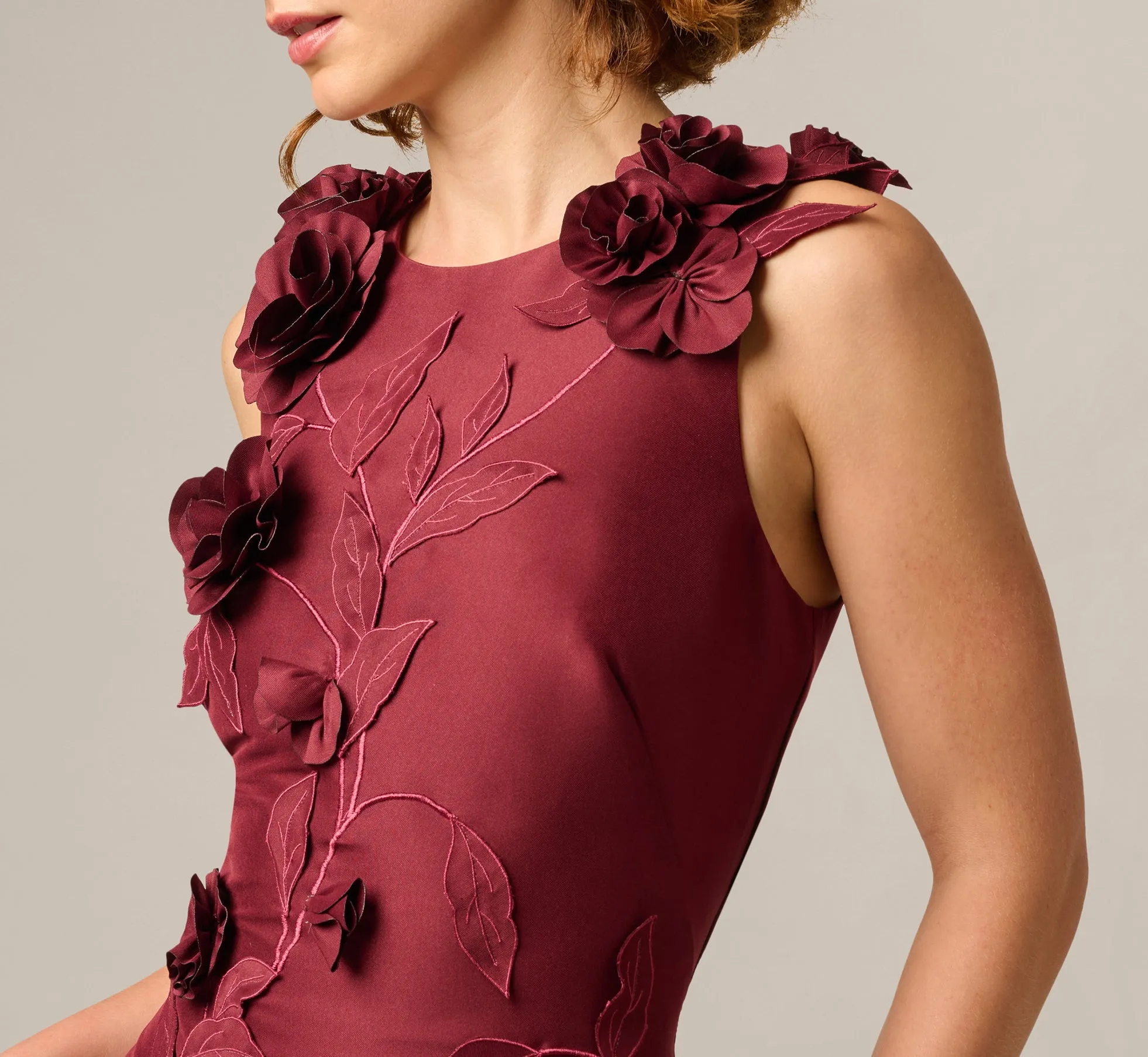 3D Floral Vine Stretch Mikado Mermaid Gown In Mahogany sold by Adrianna Papell product image thumbnail 3