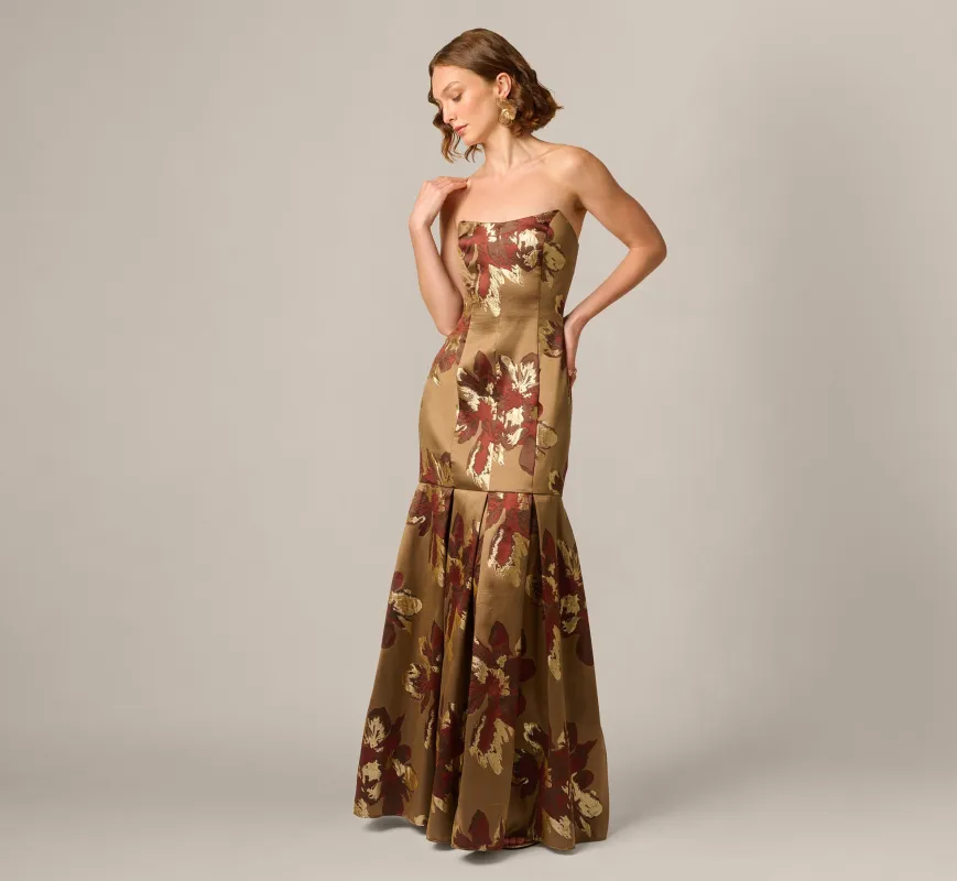 Strapless Cat Eye Metallic Floral Brocade Trumpet Gown In Brown Multi made by Aidan Mattox